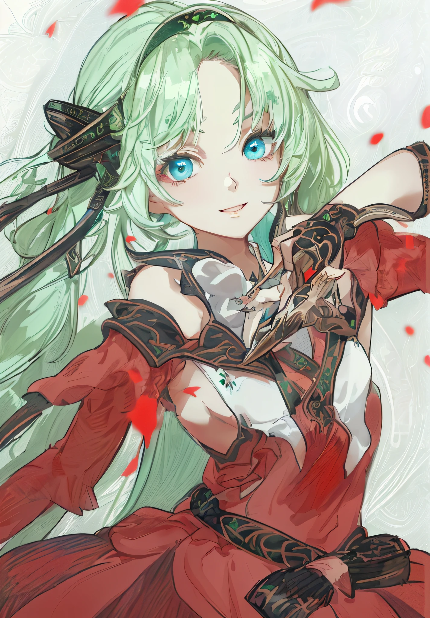 Highlights in the eyes、Pastel green hair、off shoulders、Formal white and red dress、Light blue eyes、swordsmen、Straight Long Hairstyles、ssmile、Detailed eyes