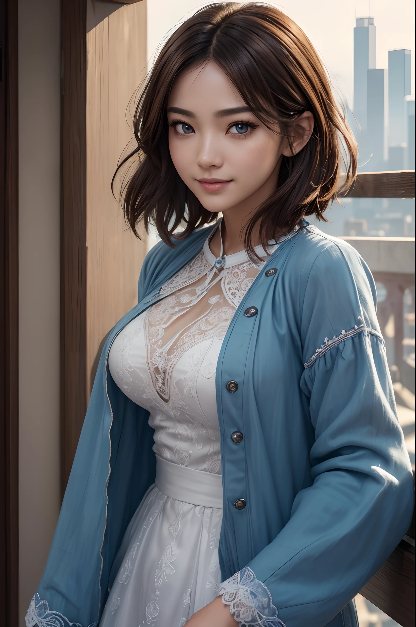 8K,(RAW、analogue、Nikon Z 14mm ultra-wide lens、award-winning glamour photograph、((Top image quality))、((​masterpiece))、((realisitic))、Skin pores、Subsurface scattering、radiant light rays、hight resolution、detailed facial features、High Detail、foco nítido、top grade、aesthetic、ighly detailed、(extremely detailed eye、Highly detailed iris)、very detail hair、highlydetailed skin、Highly detailed clothing、octane renderings、Photorealistic、realisitic、Post-processing、max detail、realistic shadow、Roughness、natural skin textures、realisitic、hyper realisitic、Photorealism、Imagen、8K UHD、Imagen、HDR、Convoluted、elegent、High Detail、foco nítido、A stunning、Beautiful feces、a gorgeous)、(​masterpiece:1.2、Best quality1:1、ultra-definition:1.2、Best Shadows、8k:1.1)、(big city:1.3、On the rooftop:1.1、The urban structure below、railing)、(Contrasting background、Bright background)、(beautifull detailed face)、highly contrast、(Perfect litthing:1.2、beautifuly color、Delicate color)、((movie)light))、colourfull、hyperdetailing、dramatic light、intricate detailes、(1 person、独奏、Brown hair、a smile、Short bob hair with brown hair:1.1、Blue eyes、dynamic ungle、Sexy costume,Rough costumes、JINS、cowboy  shot、Lower your arms)、depth of fields