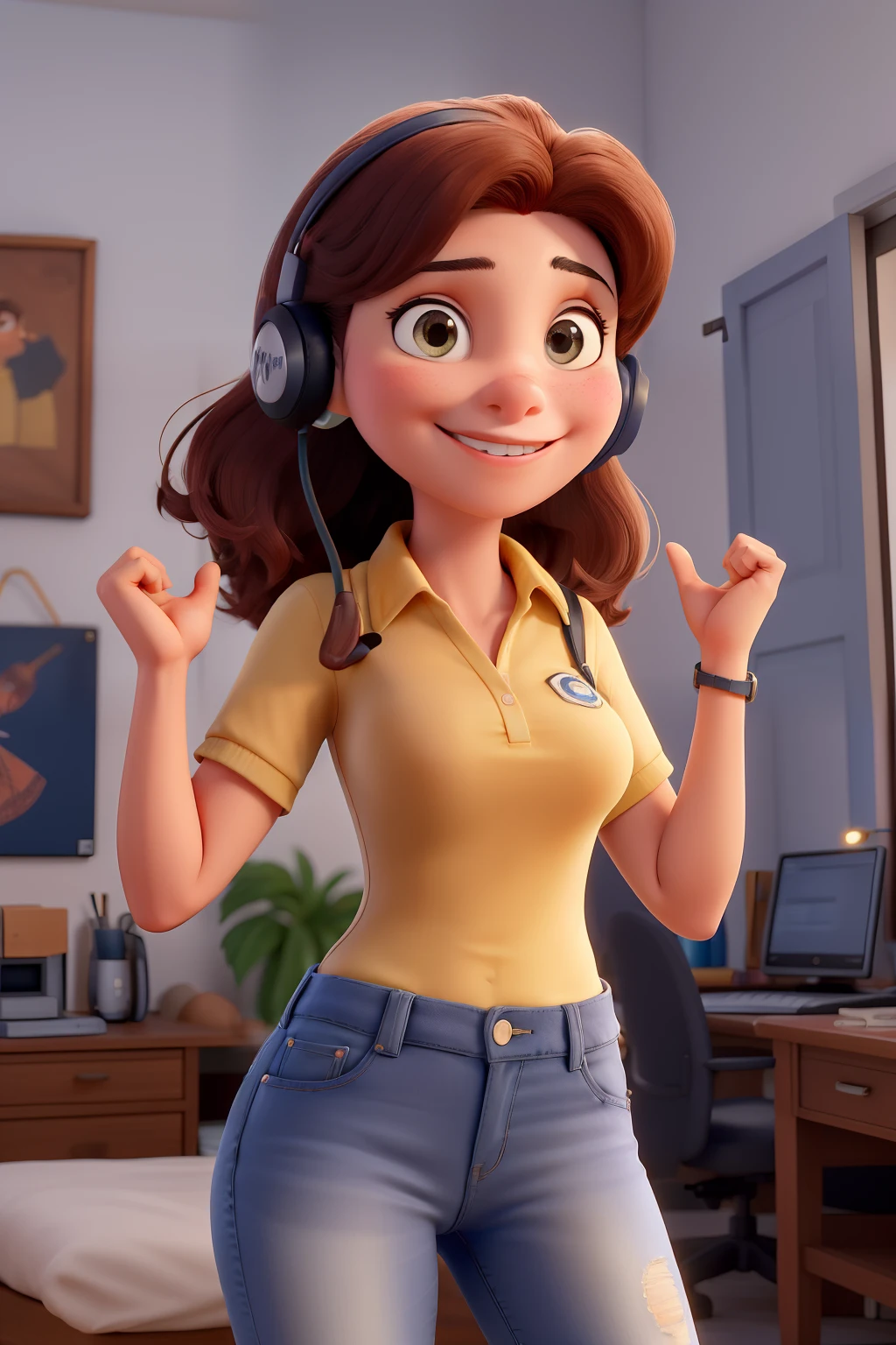 personagem feminina, Casual pose with hands up, character is in his natural pose with an answering headset, protagonista feminina, obra-prima, melhor qualidade, Pousada para fotos: Aurora Arruda, A young and successful Brazilian businesswoman. She's a young woman, por volta de seus 28 anos, de pele branca, cabelos lisos, Longos e castanhos que atingem a cintura. Em cada retrato, Aurora will be smiling, staring directly at camera, is waving his hand. She will be dressed in a navy blue polo collar shirt, jeans e saltos.