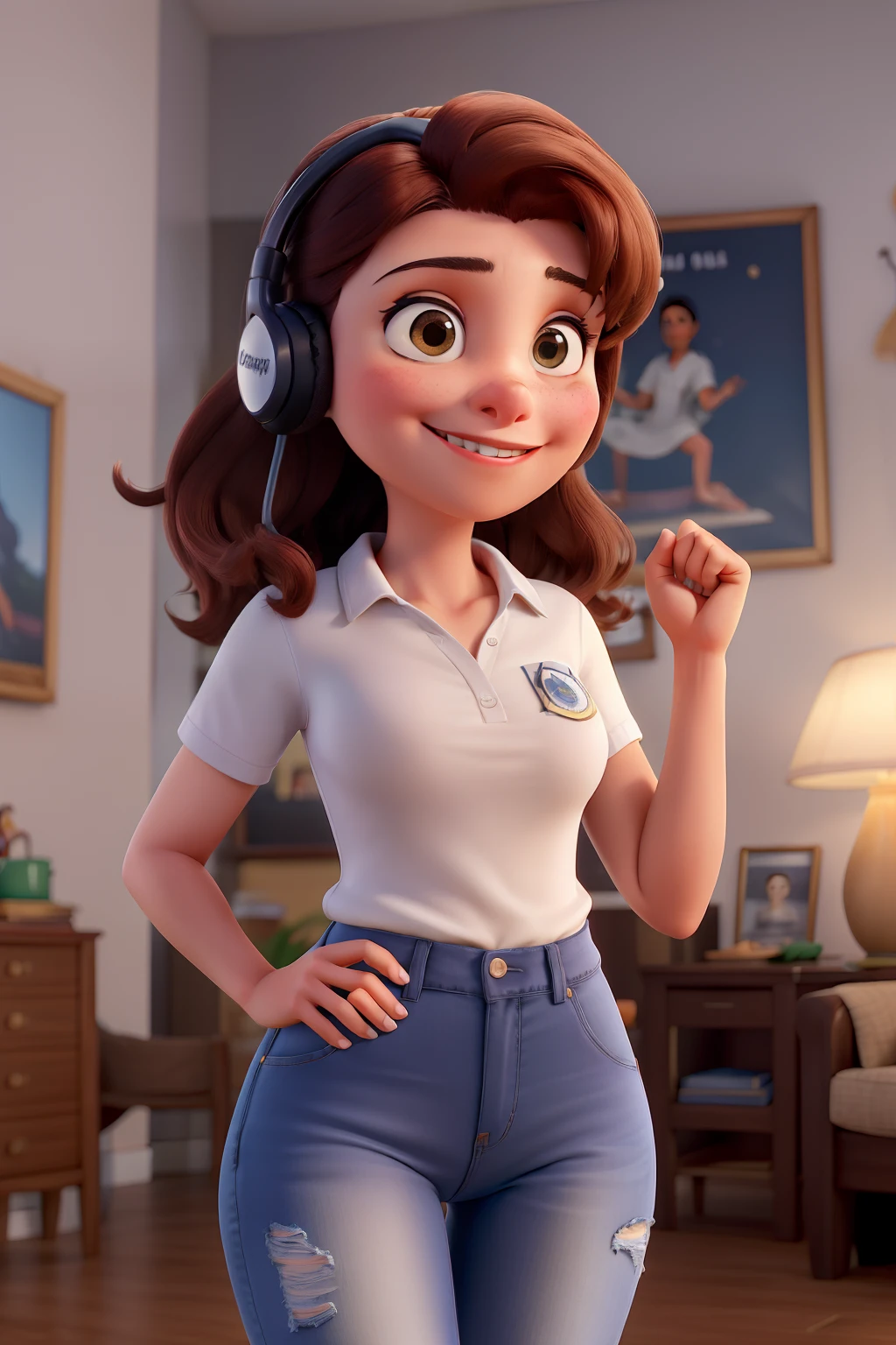 Por favor, create a series of high-quality portraits of the character Aurora Arruda, A young and successful Brazilian businesswoman. She's a young woman, por volta de seus 28 anos, de pele branca, cabelos lisos, long and brown that reach to the waist. Em cada retrato, Aurora will be smiling, Looking directly into the camera and with my arms crossed, in varied poses and scenarios.

Ademais, gostaria de explorar diferentes estilos de roupas para Aurora em cada retrato. She will be dressed in a navy blue polo collar shirt, Jeans and heels. Make sure the portraits convey Aurora's personality and versatility as a successful businesswoman in her new office.

Por favor, provide a series of full-body images that highlight Aurora Arruda's beauty and confidence in various situations and with different outfits, Creating a Collection of Stunning Portraits.