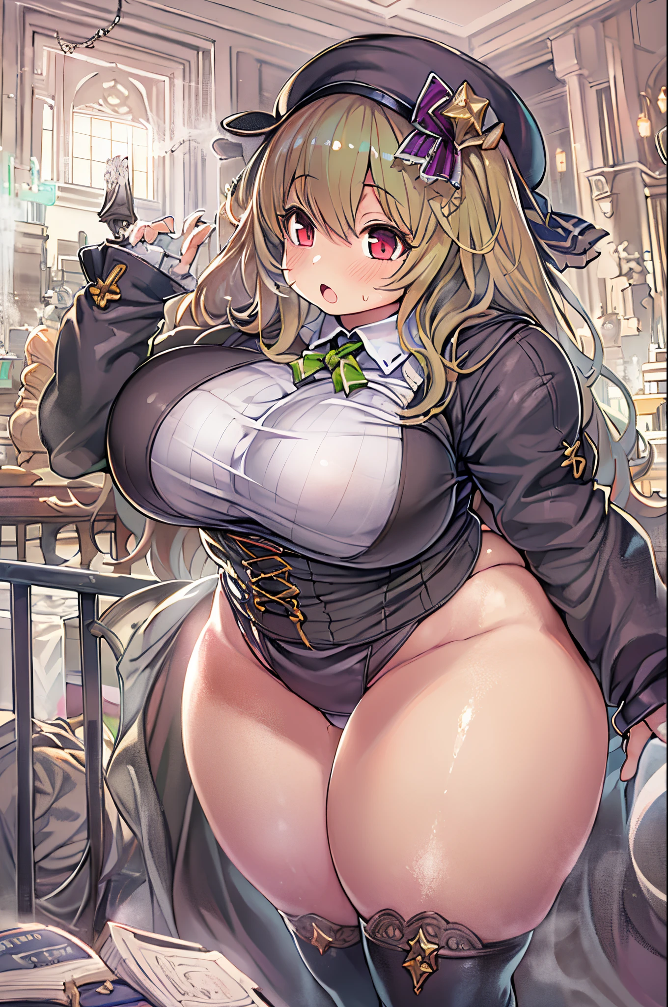 (Best Quality, masutepiece: 1.1), (fidelity: 1.4), 1 girl, Upper body, Long hair, 5 star hotel, Black corset, Messy clothes, Panties,huge-breasted、bbw