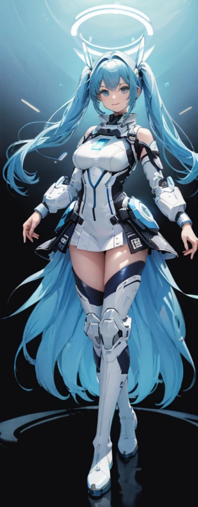 (Full body photo:1.4),white backgrounid,(1 Mech girl,Flash fluorescence,The halo,Delicate headgear,ssmile),(paper art,Quilted paper art,geometry),(Many colors,Best quality,high detal,tmasterpiece,movie light effect,4K,lightand shade contrast),Colossal tits,Blue hair,pigtails,Blue knee-length boots