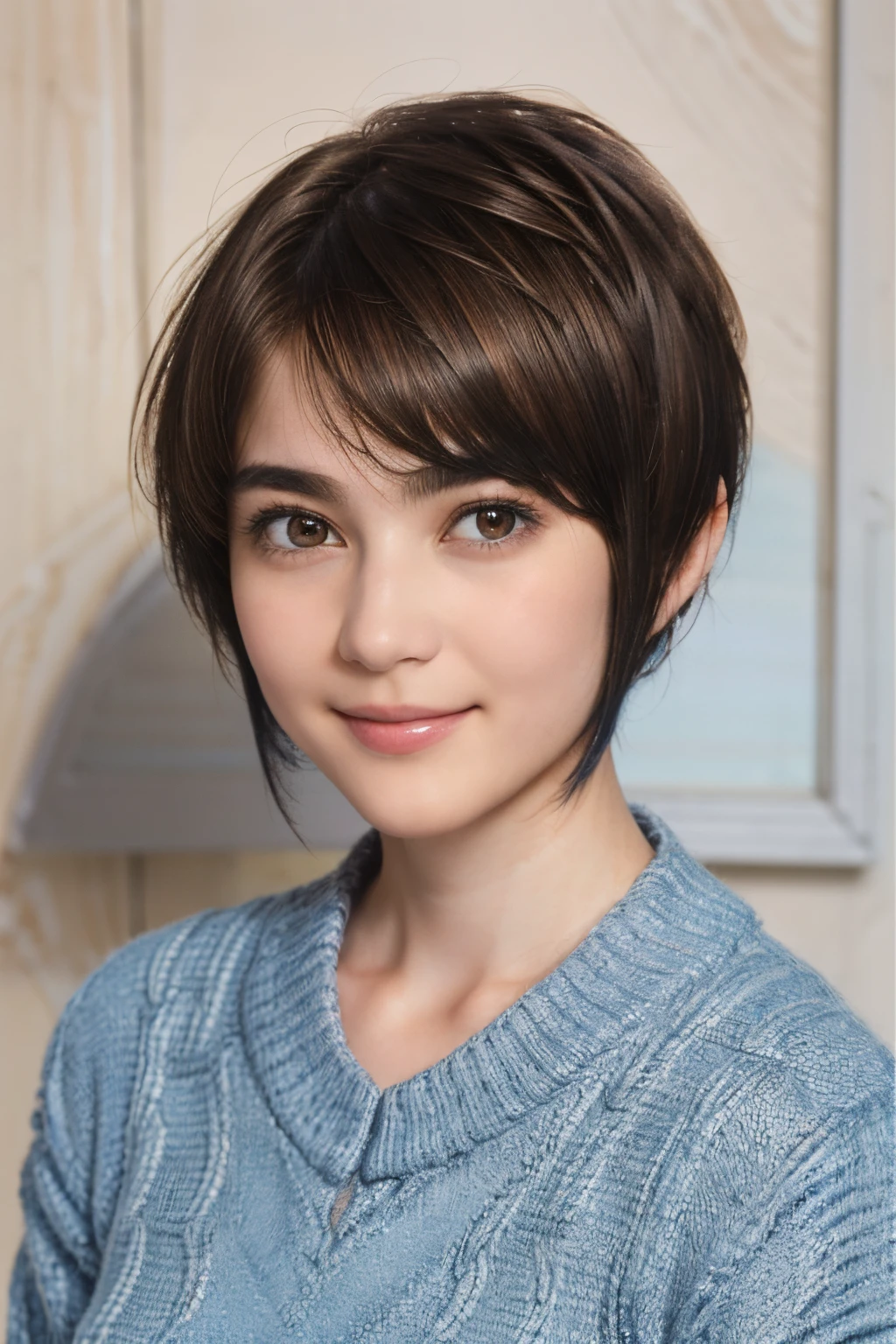97
(a 20 yo woman,is standing), (A hyper-realistic), (high-level image quality), ((short-hair:1.46)), (Hair smooth), (Gentle smile), (Keep your mouth shut)