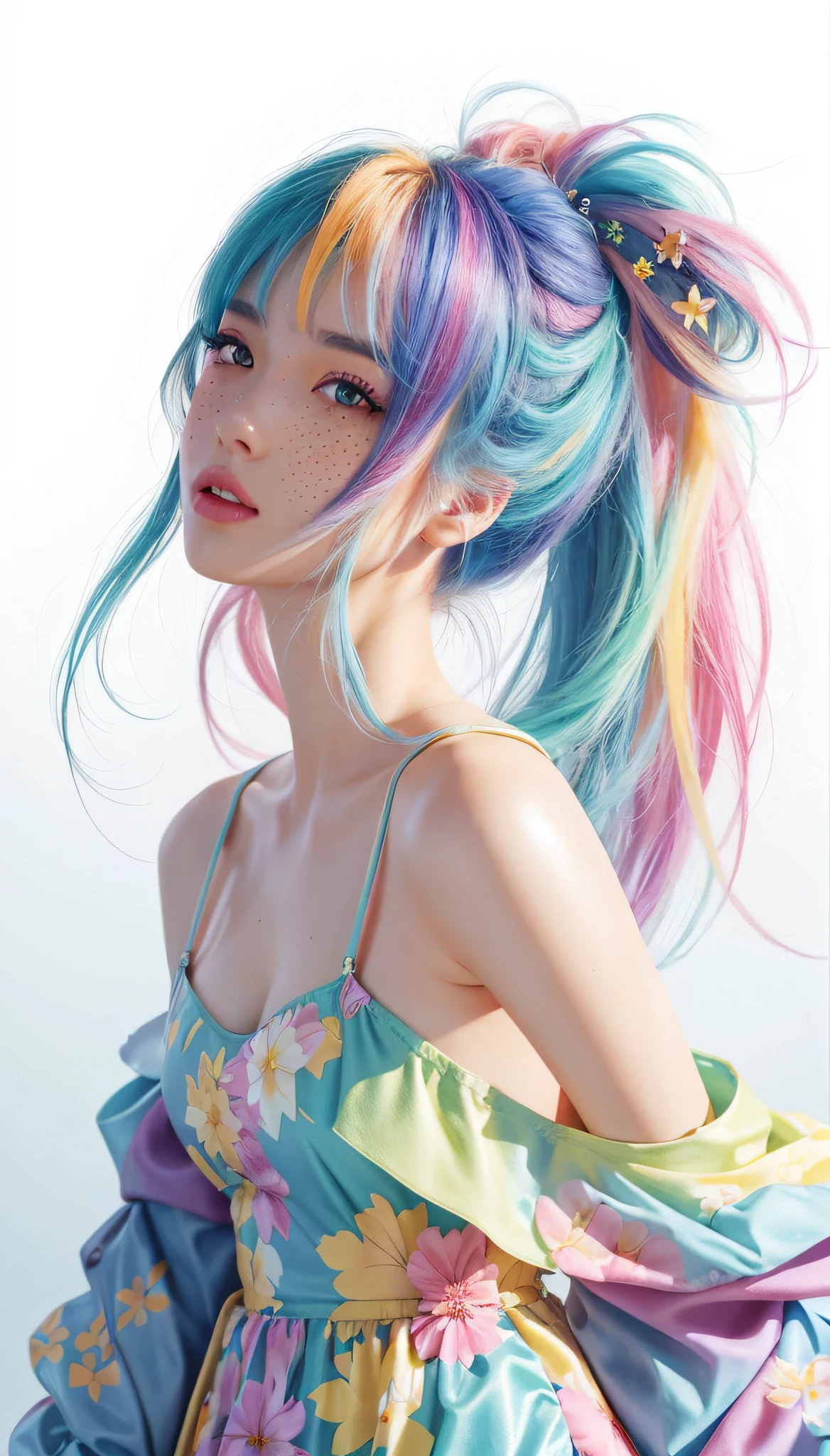 ((ultra detailed)),((Bright eyes)), (Detailed eyes) , 8k, blink blink, (The Little Faux Freckles Makeupgirl), ((realistic skin)), ((focus detailed 2 straps on the shoulders of dress)) , ((shiny facial skin)), with colorful hair and a colorful dress, rossdraws pastel vibrant, rossdraws cartoon vibrant, style anime 8k, beautiful portrait, artgerm colorful!!!, ! dream artgerm, beautiful anime girl, styled digital art, art wallpaper 8k, digital art, extremely detailed artgerm,