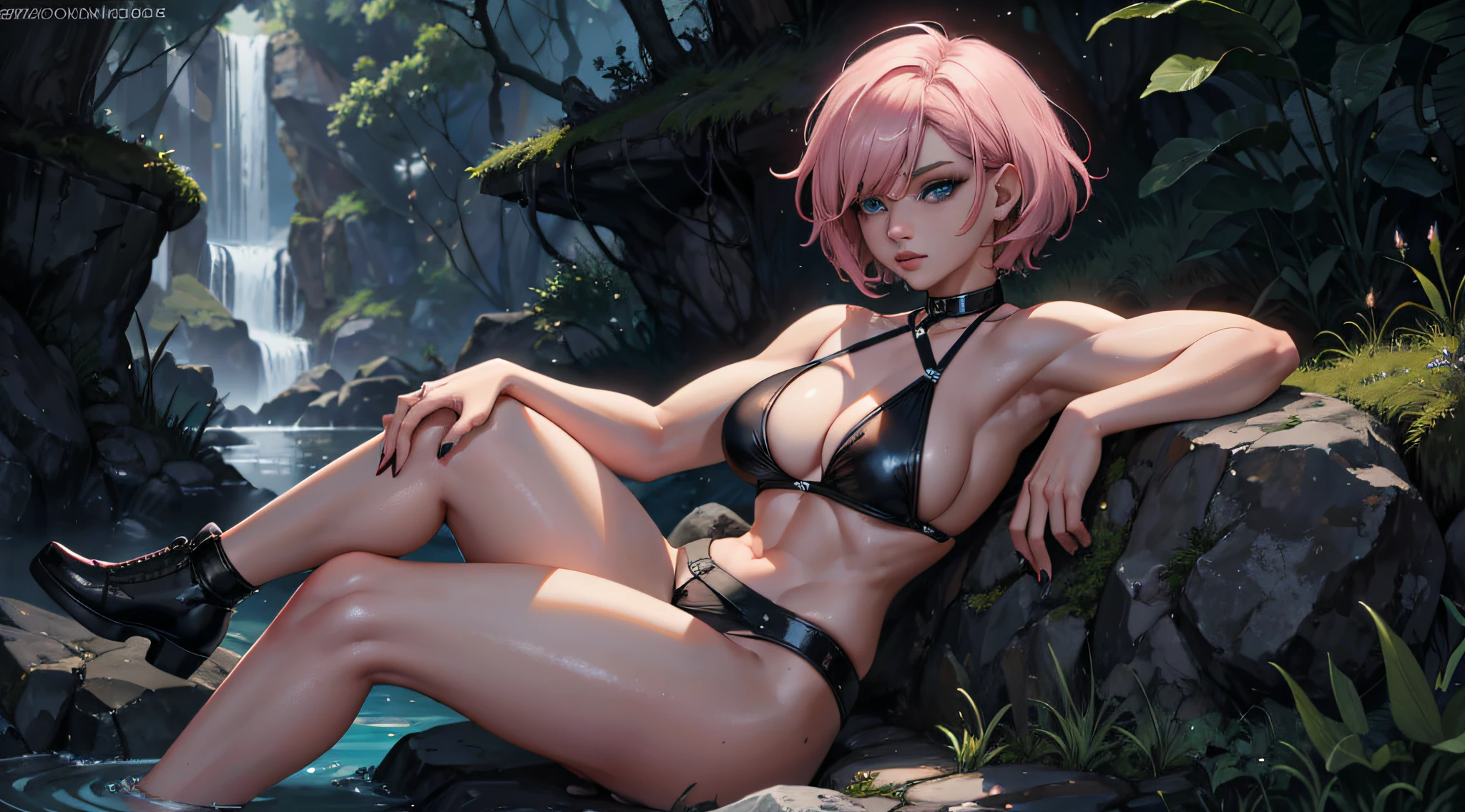 short pink hair, beautiful young woman with bright light blue eyes wearing a sexy punk black bikini with British features with slightly defined muscles, water over her body, wet body, British features, short pink hair with dark roots, light blue eyes, with black coat and pink draped over her shoulders, wearing a police badge around her waist, in a sexy black punk bikini, slightly defined muscles, slightly muscular arms, wearing a leg band in a sensual way, rocky black nails, with a police badge on her waist, next to a stream in the night forest, sitting in a sensual pose, sitting in a sensual pose, in a sexy pose, captivating look, illuminated, detailed starry sky
