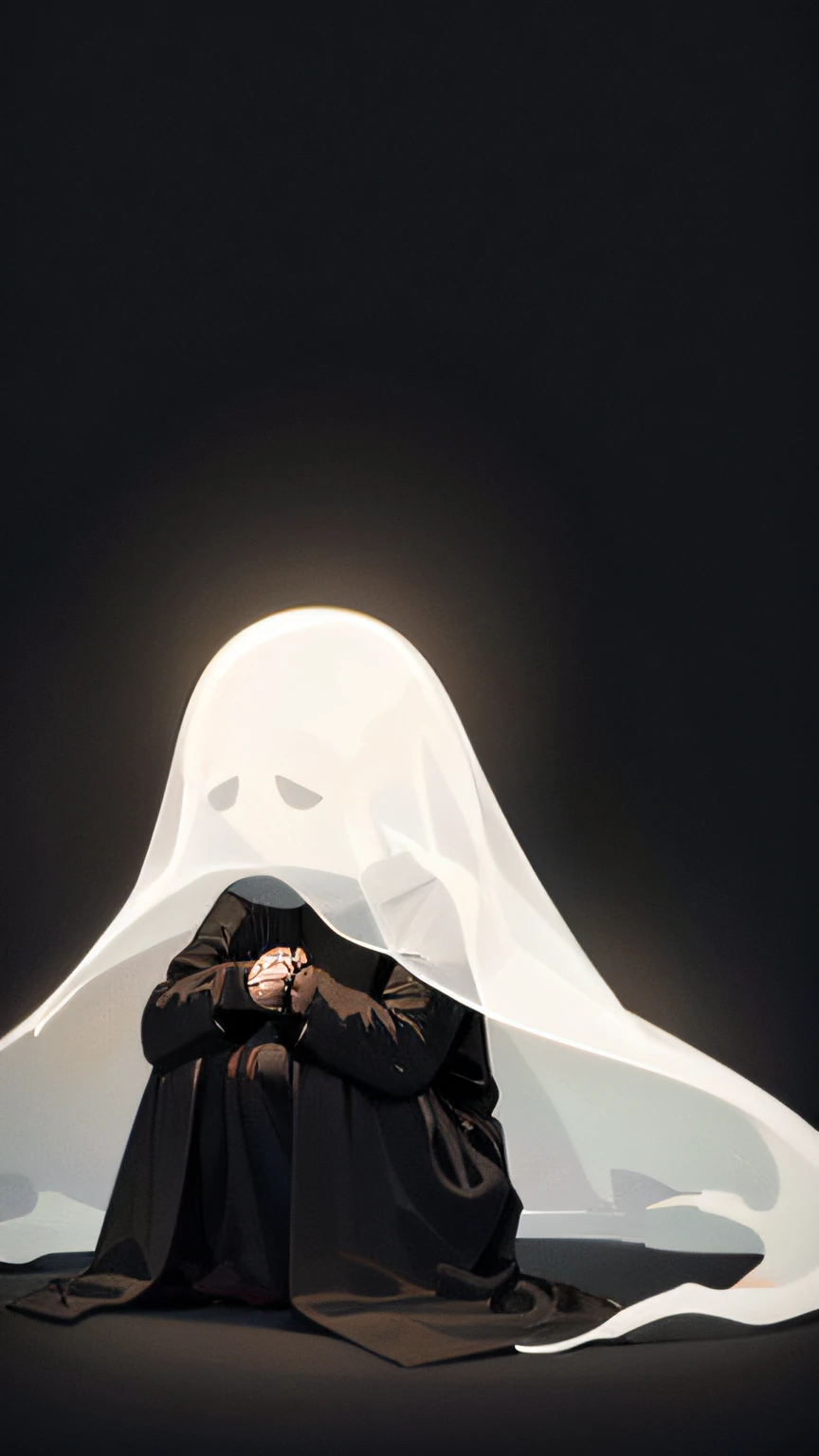 A ghost boy sitting covered with a black sheet and looking away., masterpiece, best quality,