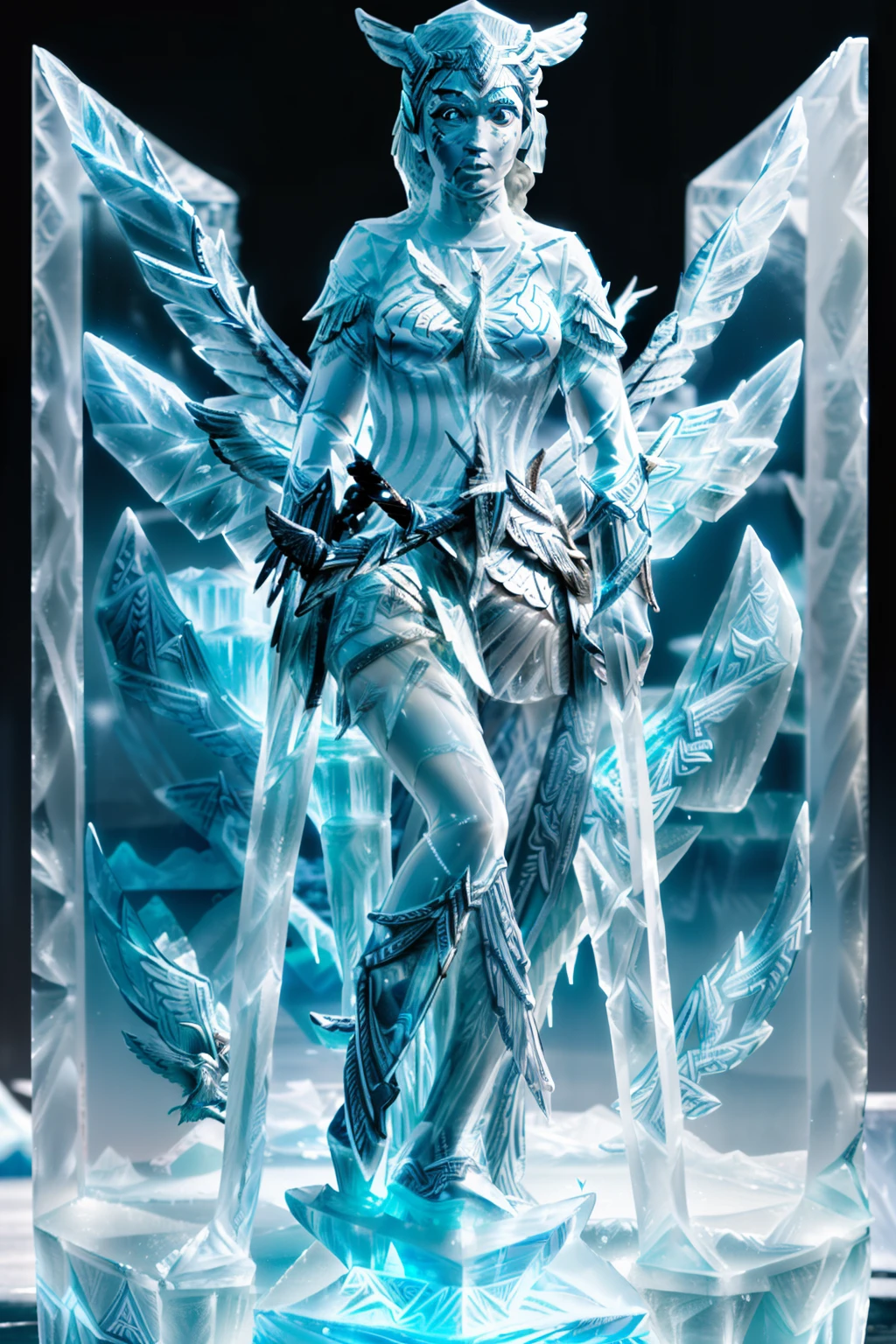 ((((Imagine a transparent ice statue of the mythical goddess Valkyrie:1.4)))), best quality, high definition, 4k, highly detailed, (ice sculpture:1.1), (frozen solid:1.1), (clear light blue ice:1.2),