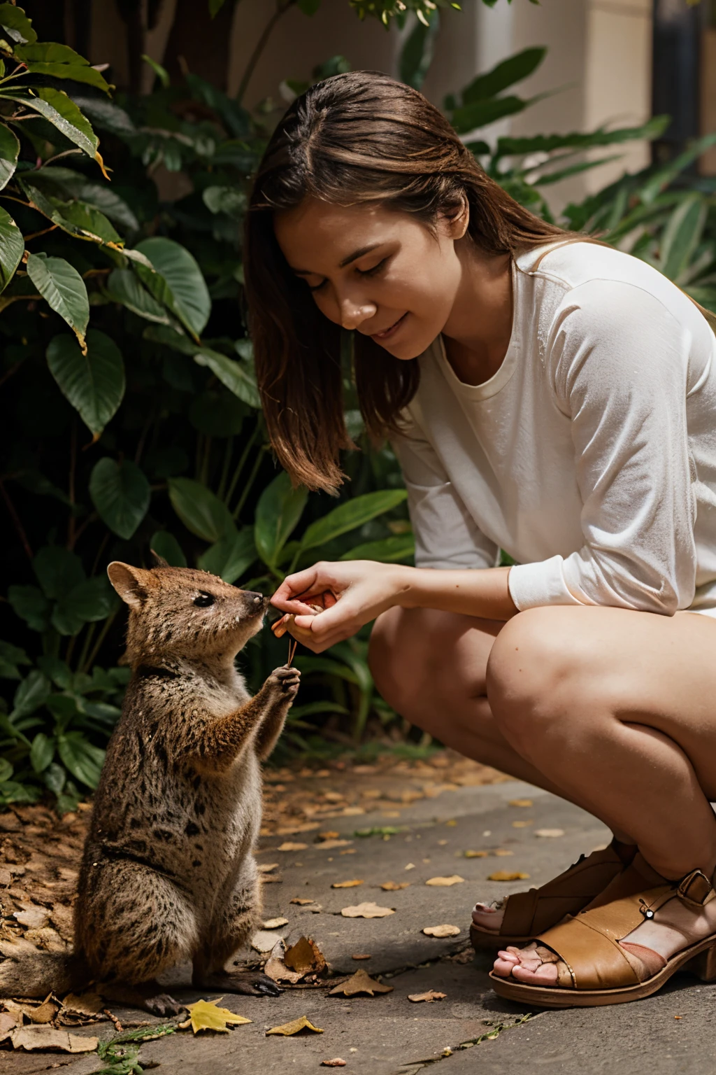 Quokka giving a leaf to a person