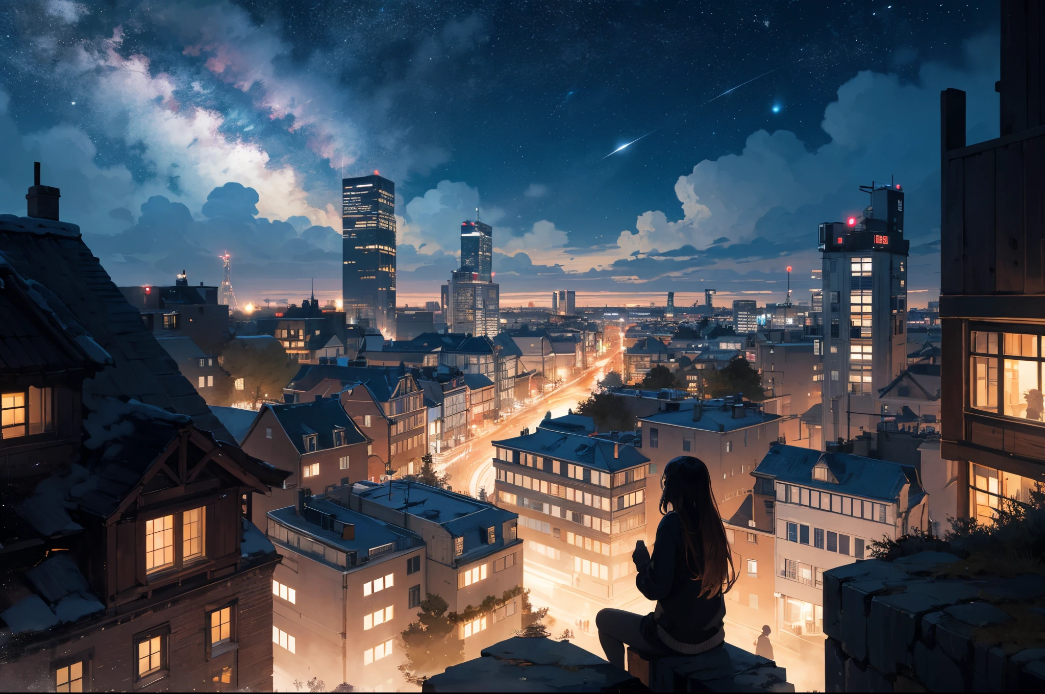 octans, sky, star (sky), scenery, starry sky, night, 1girl, night sky, solo, outdoors, building, cloud, milky way, sitting, tree, long hair, city, silhouette, cityscape