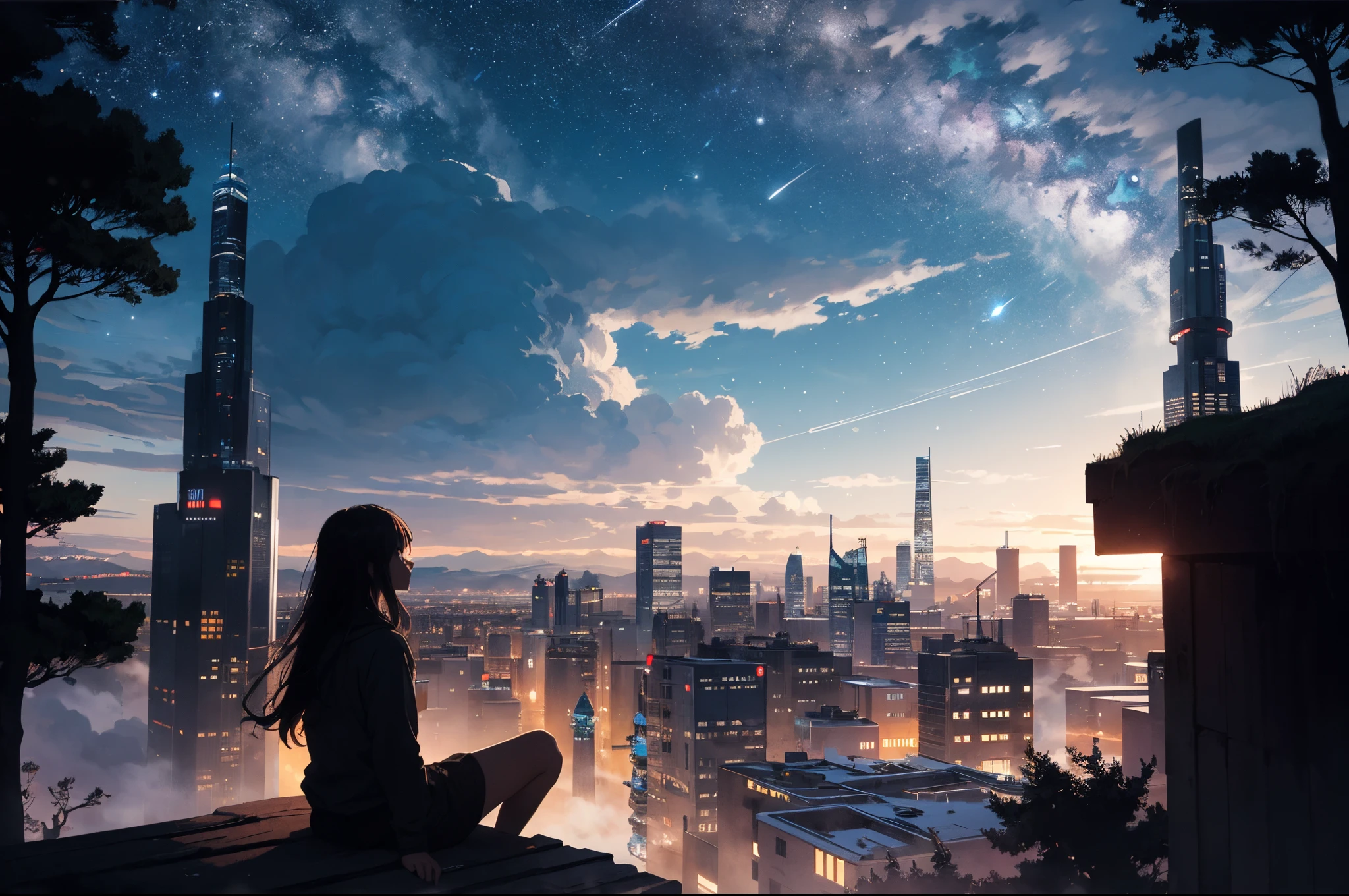 octans, sky, star (sky), scenery, starry sky, night, 1girl, night sky, solo, outdoors, building, cloud, milky way, sitting, tree, long hair, city, silhouette, cityscape