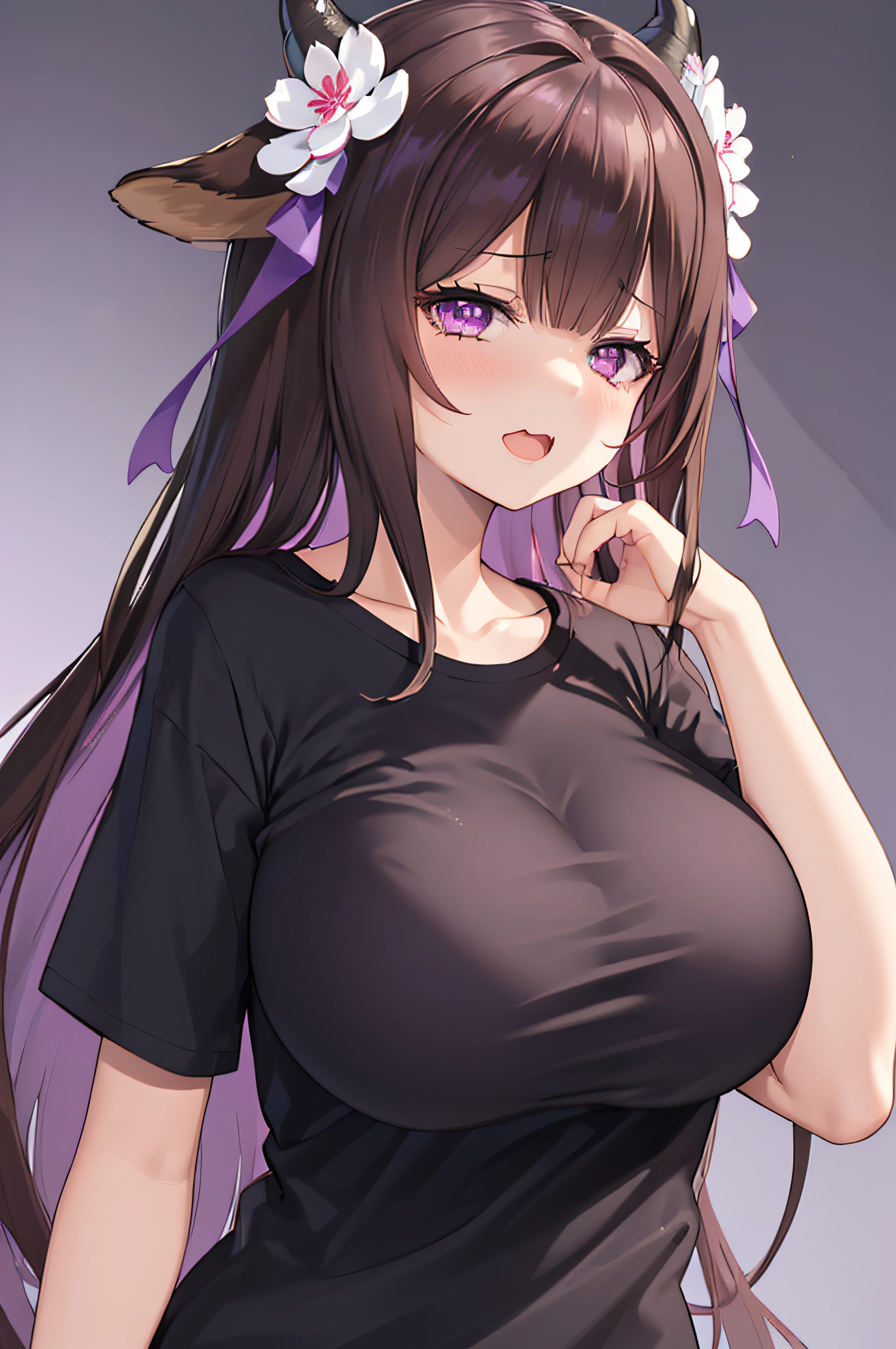 (masutepiece, Best Quality), Upper body, Looking at Viewer, 1girl in, Kashino, hair_flower_nffsw, Half-closed eyes, Purple eyes, smug, :3, Open mouth, Huge breasts, T-shirt, Black shirt, hand on own hip, gigantic huge tits,