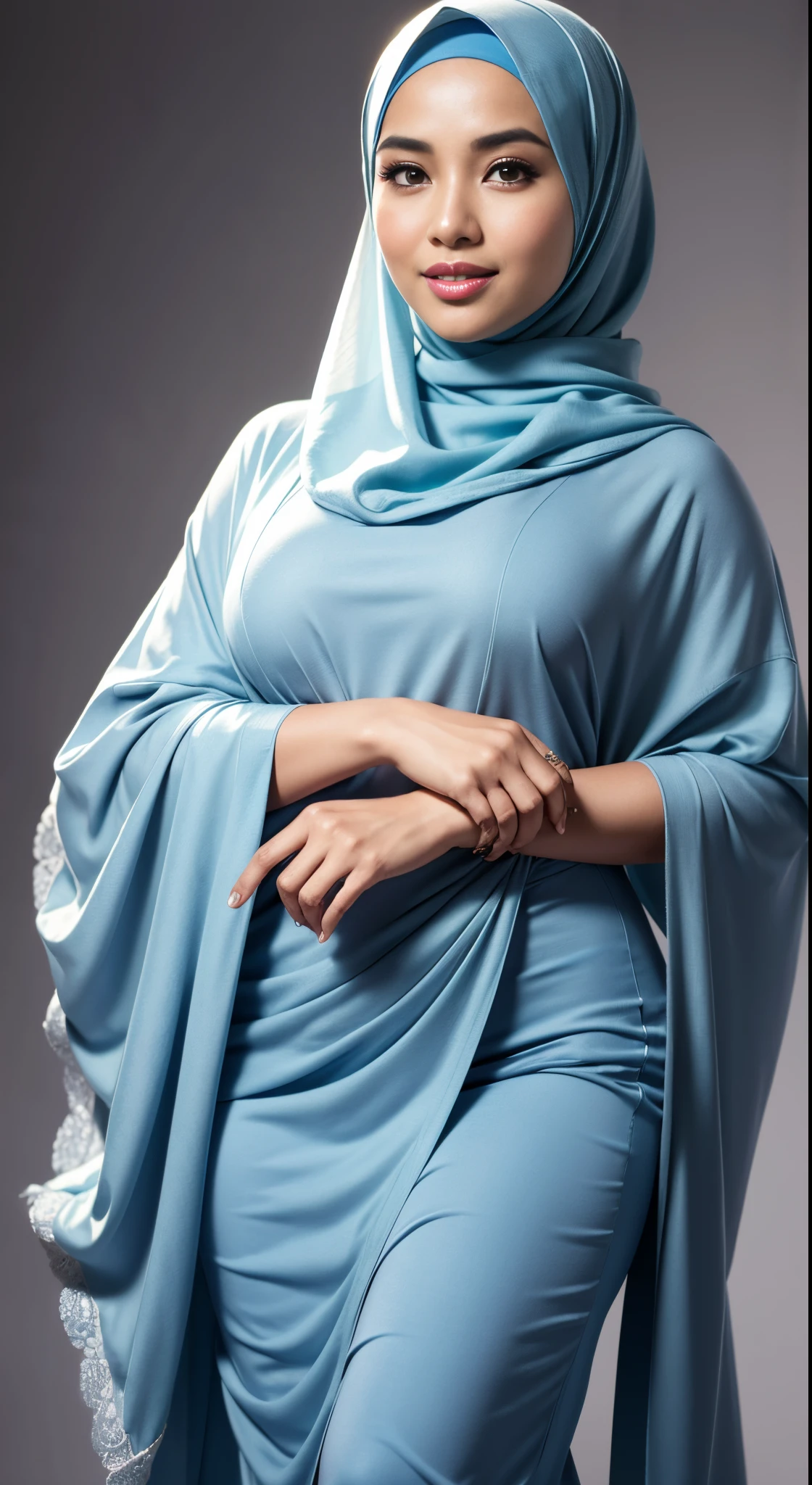 RAW, Best quality, high resolution, masterpiece: 1.3), beautiful Malay woman in hijab (iu:0.8)1beautiful Malay woman in hijab wearing modern youth Muslim clothing,big breast, modest fashion, flowing shawl, portrait photography, mid shot photo, ultra detail, professional photo with professional lighting, smile, light blue studio random background, sexy seductive pose, curvy ,