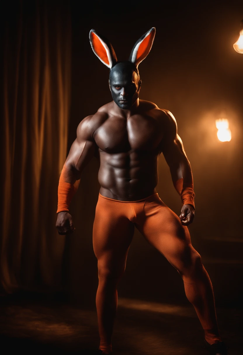 "(best quality,highres,ultra-detailed:1.2),(realistic:1.37),fantasy,sexy,strong guy,naked,Halloween costume,sexy bunny,impressive muscles,body paint,confident expression,masculine figure,imposing presence,dark background,vivid colors,high contrast lighting"