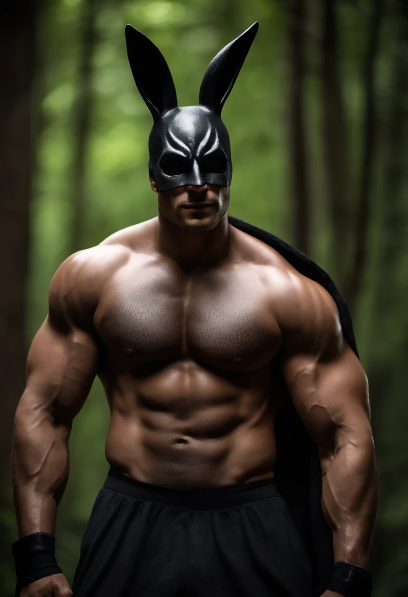 "(best quality,highres,ultra-detailed:1.2),(realistic:1.37),fantasy,sexy,strong guy,naked,Halloween costume,sexy bunny,impressive muscles,body paint,confident expression,masculine figure,imposing presence,dark background,vivid colors,high contrast lighting"