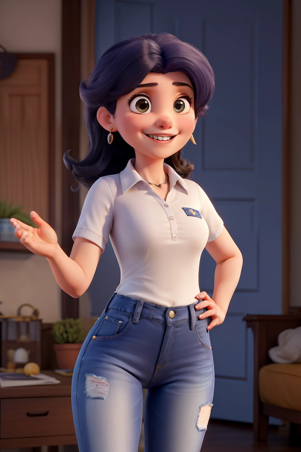 personagem feminina, Pose saltando de alegria, character is in her natural pose, protagonista feminina, obra-prima, melhor qualidade, Pousada para fotos: Aurora Arruda, A young and successful Brazilian businesswoman. She's a young woman, por volta de seus 28 anos, de pele branca, cabelos lisos, Longos e castanhos que atingem a cintura. Em cada retrato, Aurora will be smiling, staring directly at camera, is waving his hand. She will be dressed in a navy blue polo collar shirt, jeans e saltos.
