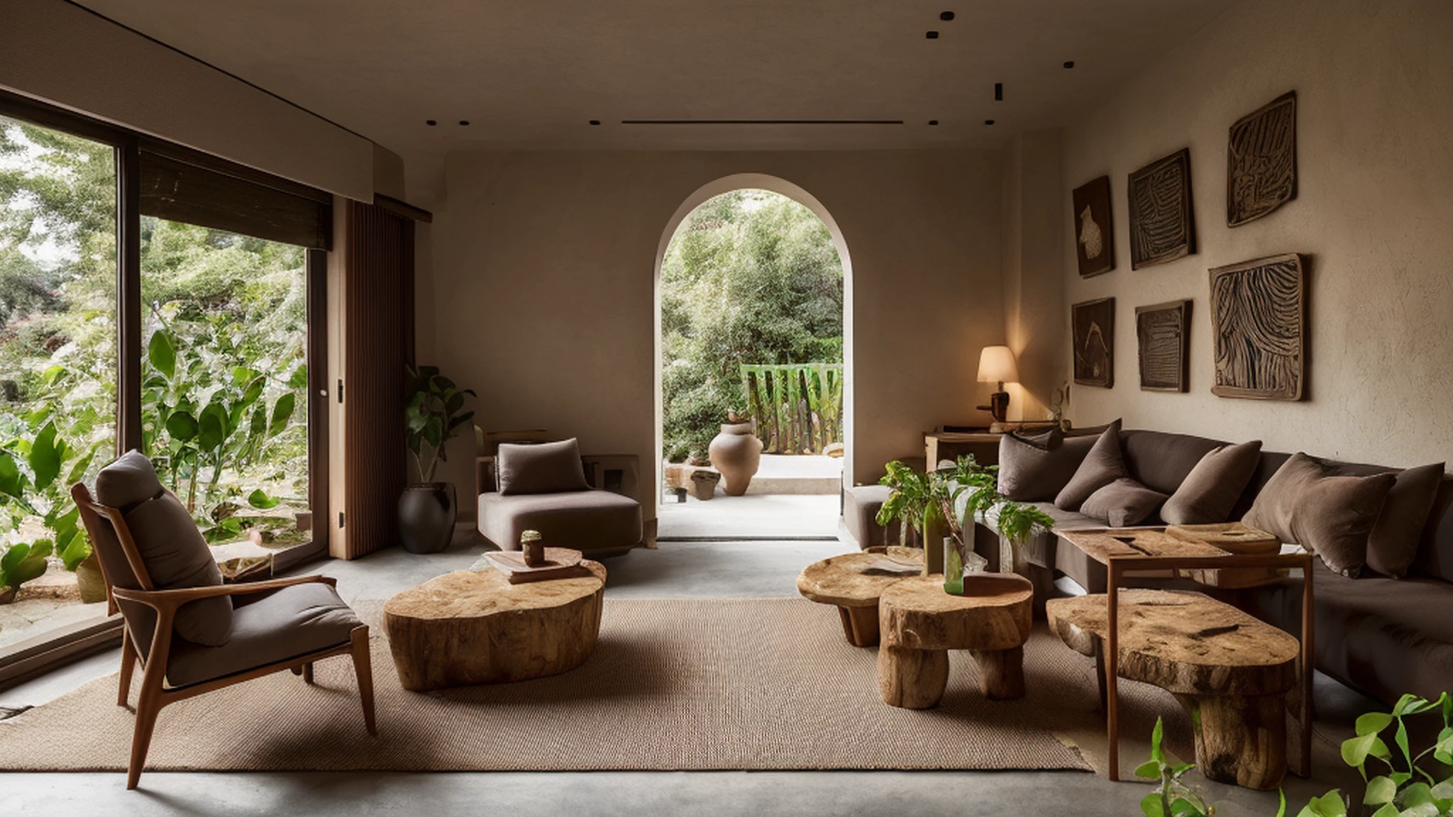 wabi sabi livingroom interior, large glass window, garden outside, dinning table and chair, couch, rough-hewn wood coffee table, day light, natural light, low contrast, potted plant, tv, tv cabinet, bookshelf, books, drape