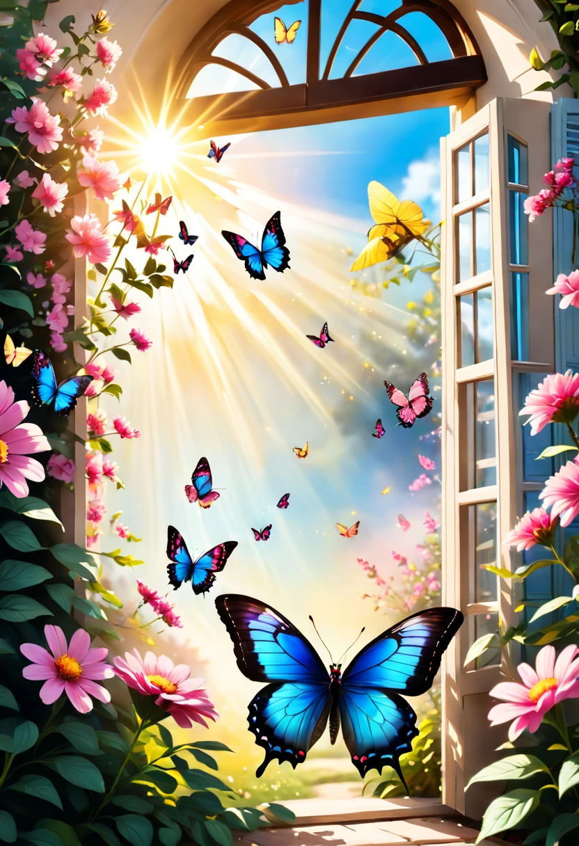 Butterflies flying over the flower bed,The background is sunny, Butterflies and sunlight, butterflies flying, Flowers and butterflies, harmony of butterfly, Glowing pink butterfly, Butterfly in the foreground, butterfly flying in the sky, A beautiful photo, beautiful photograph, butterflys, Beautiful black blue yellow, Incredibly beautiful, butterflys, glowing butterflies, window shutters, beatiful background