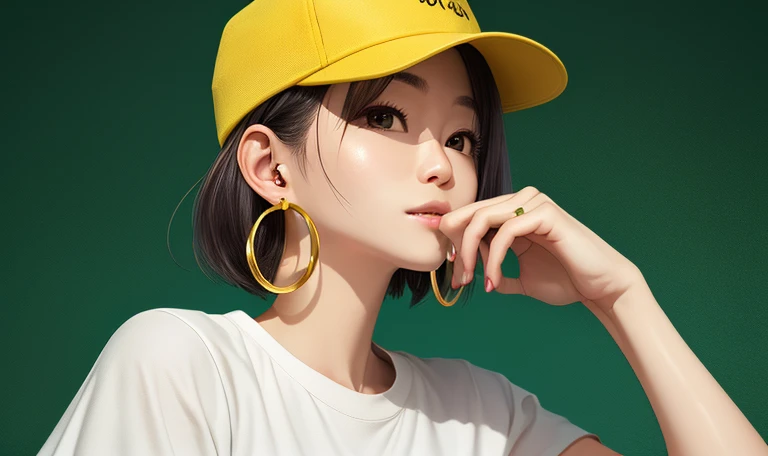 Tetsuya Nomura, masutepiece, Best Quality, 1girl in, aqua eyes, Baseball Cap, Blonde hair, Closed mouth, earrings, Green background, hat, hoop earrings, Jewelry, Looking at Viewer, Shirt, Short hair, Simple background, Solo, Upper body, Yellow shirt