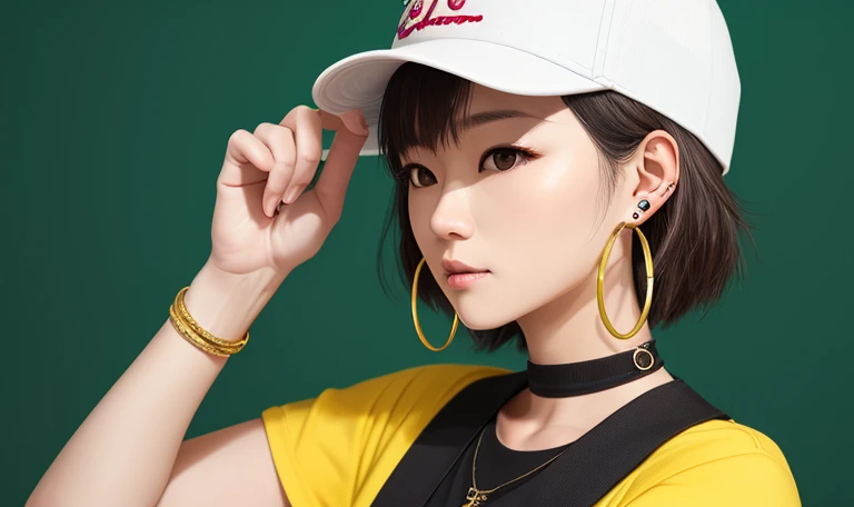 Tetsuya Nomura, masutepiece, Best Quality, 1girl in, aqua eyes, Baseball Cap, Blonde hair, Closed mouth, earrings, Green background, hat, hoop earrings, Jewelry, Looking at Viewer, Shirt, Short hair, Simple background, Solo, Upper body, Yellow shirt