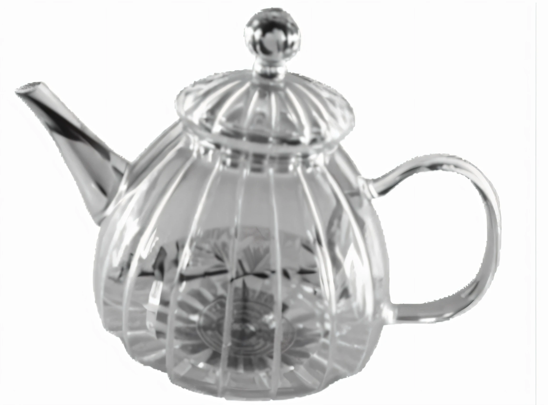 um close de um bule com tampa em um fundo branco, bule : 1, bule, Bules, com vidro transparente, glass tableware, full view, vitoriano, Chaleira, inspired by Masamitsu Ōta, prata, 1080p, Regency, inspired by Shūbun Tenshō, eduardiano, HSL, high definition, no blurriness,