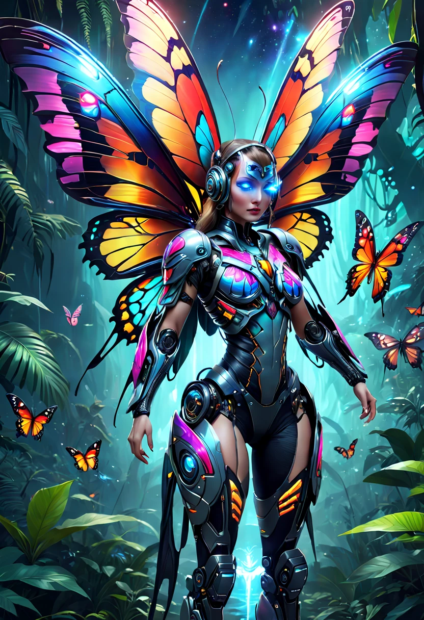 (Best quality at best))，Magnificent space image scene，ultra-realistic realism, super detailing, Acura, Best quality at best, hyper HD, tmasterpiece, Anatomically correct, A high resolution, 16k，Futuristic fantasy butterfly，Sci-fi butterflies，Futuristic butterflies，Mechanical butterfly，Futuristic jungle background，Verbose mode，Intricate patterns，Colorful wings，glowing wings，Neon wings，Huge butterfly wings，Extraterrestrial mechanical structures，Fantasy technology art style, Future fantasy art performance, Epic mechanical fantasy digital art style,