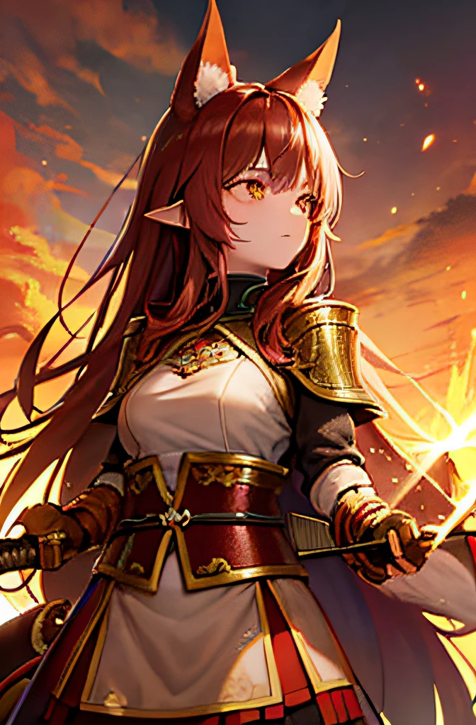 dungeon＆dragons　Reddish-brown hair and yellow-green eyes　Beast woman with fox ears　Samurai in armor　Holding a sword in both hands　He is holding two swords.　Exploring the labyrinth　slaves　Japan have a sword　The swords are shining pale and white. He wields two swords.