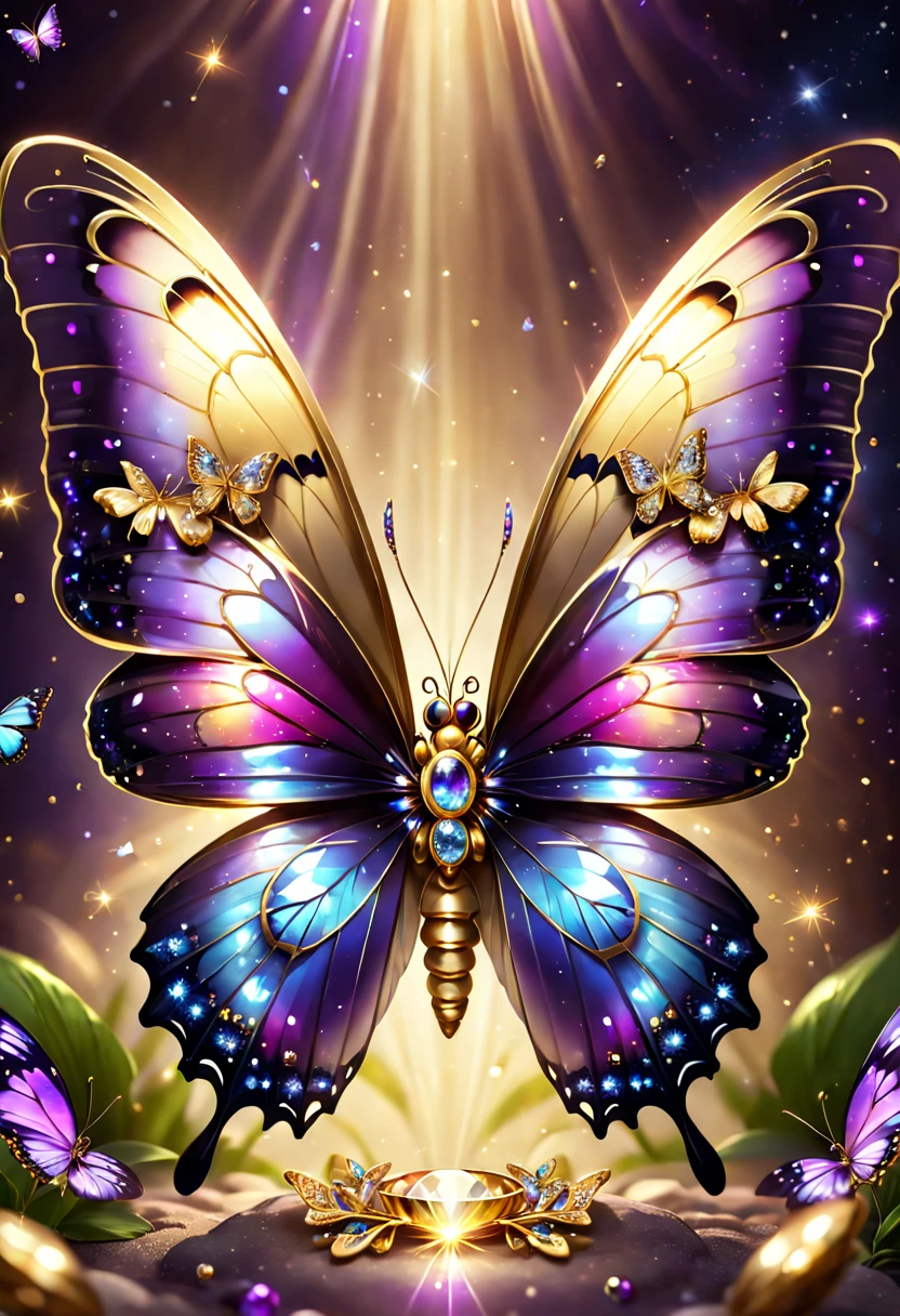 hyper HD, super detailing, Best quality at best, high detal, 1080p, 16k, A high resolution,Butterfly close-up,Butterfly with sparkling surface, amazing symmetrical wings, Magic Crystal Butterfly, Magic butterfly with diamonds, purple sparkles, gold and purple, butterfly bright,, Sparkling gold butterfly, glowing purple, The background is the mysterious cosmic starry sky, butterfly photography, Gemstones and yellow gold rings,(The best illustrations),(The best shadow),isometric 3D.octaneratingrendering,Hyper-realistic