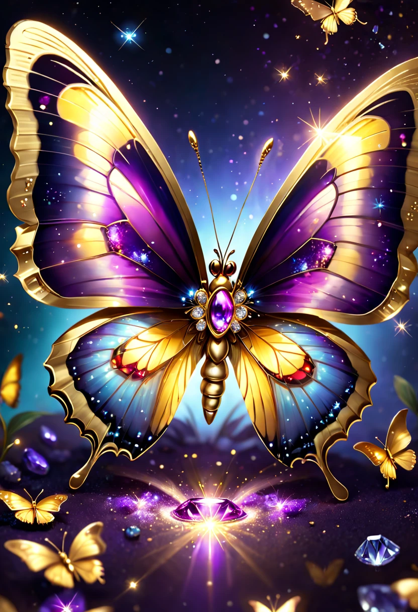 hyper HD, super detailing, Best quality at best, high detal, 1080p, 16k, A high resolution，Butterfly close-up，Butterfly with sparkling surface, amazing symmetrical wings, Magic Crystal Butterfly, Magic butterfly with diamonds, purple sparkles, gold and purple, butterfly bright,, Sparkling gold butterfly, glowing purple, The background is the mysterious cosmic starry sky, butterfly photography, Gemstones and yellow gold rings，(The best illustrations)，(The best shadow)，isometric 3D.octaneratingrendering，Hyper-realistic
