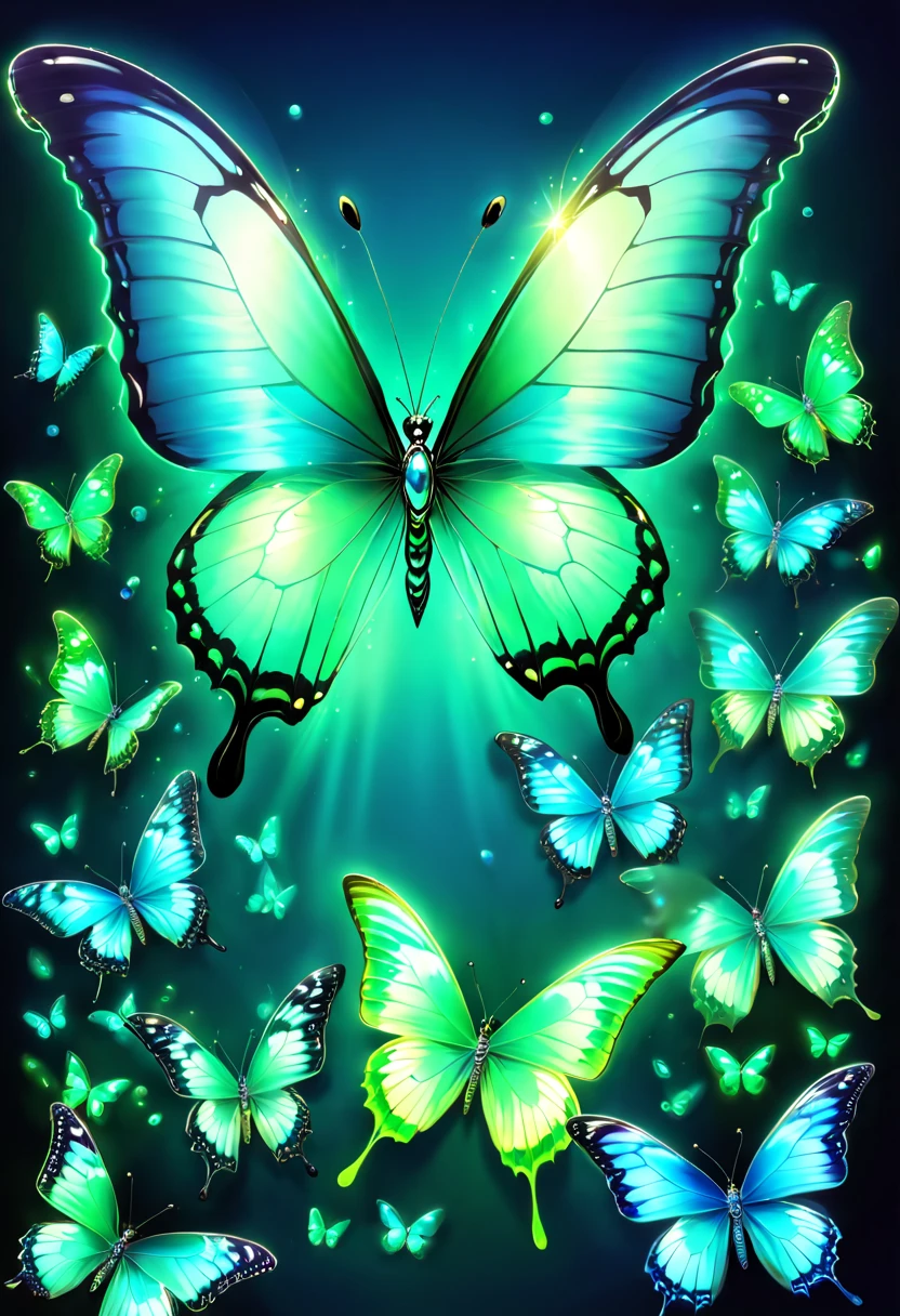 tmasterpiece,Best quality at best,(nothing but butterflies),(NOhumans),Butterfly neon wings,From beginning to end to the end,Delicate butterflies,The sheen,inverted image,Sparkling blue-green gemstones,Elegant and noble,simple backgound