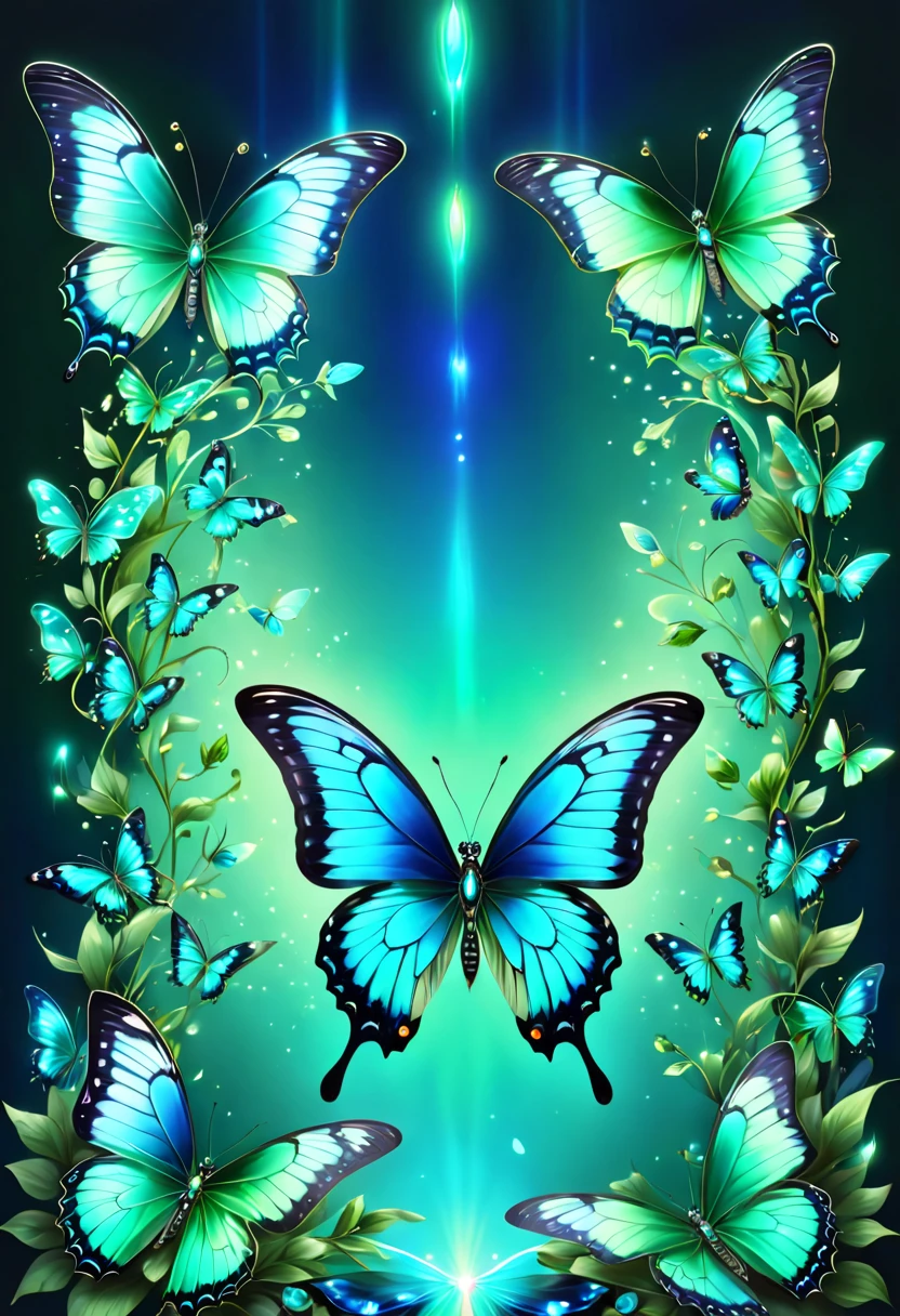 tmasterpiece,Best quality at best,(nothing but butterflies),(NOhumans),Butterfly neon wings,From beginning to end to the end,Delicate butterflies,The sheen,inverted image,Sparkling blue-green gemstones,Elegant and noble,simple backgound