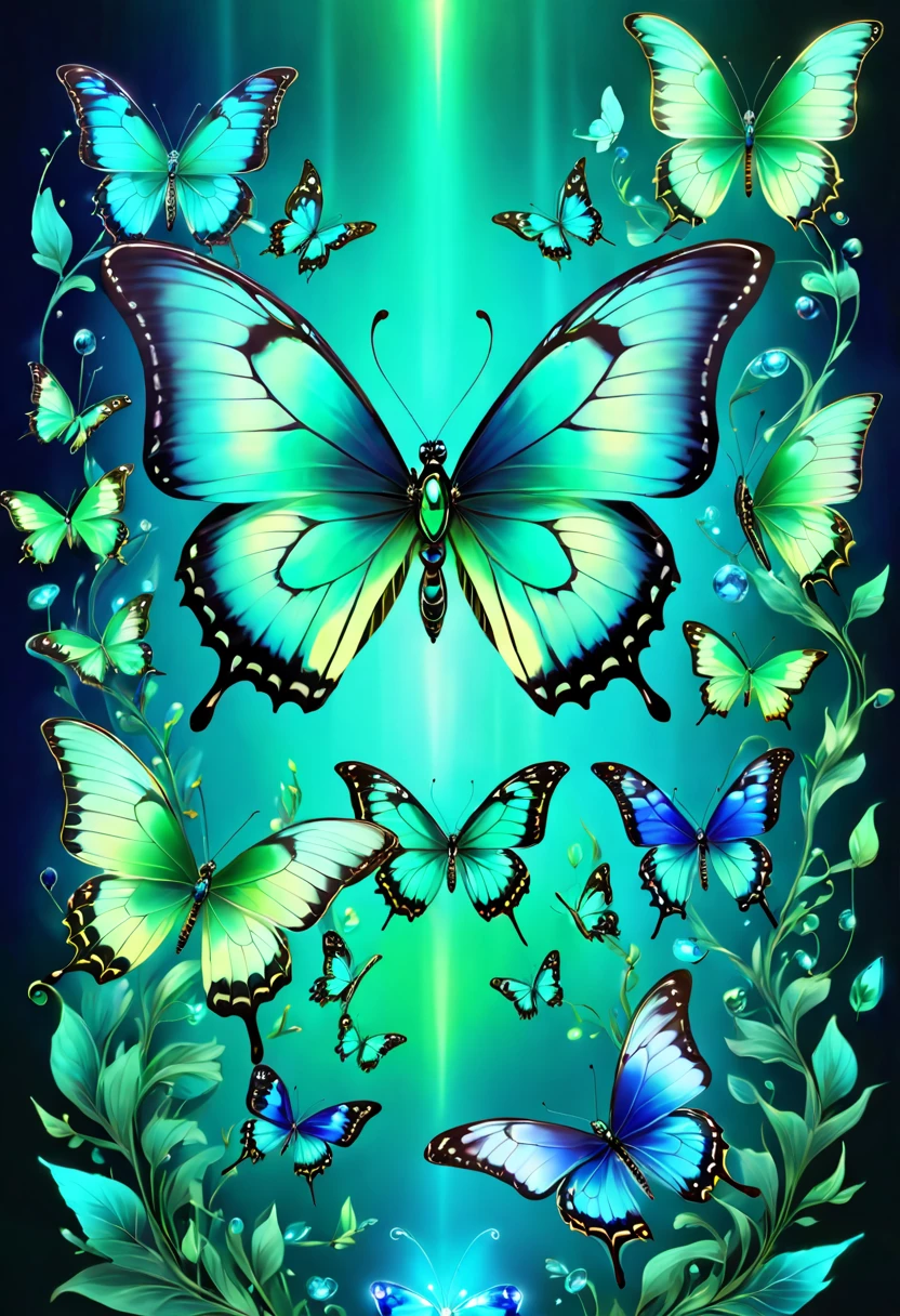tmasterpiece,Best quality at best,(nothing but butterflies),(NOhumans),Butterfly neon wings,From beginning to end to the end,Delicate butterflies,The sheen,inverted image,Sparkling blue-green gemstones,Elegant and noble,simple backgound