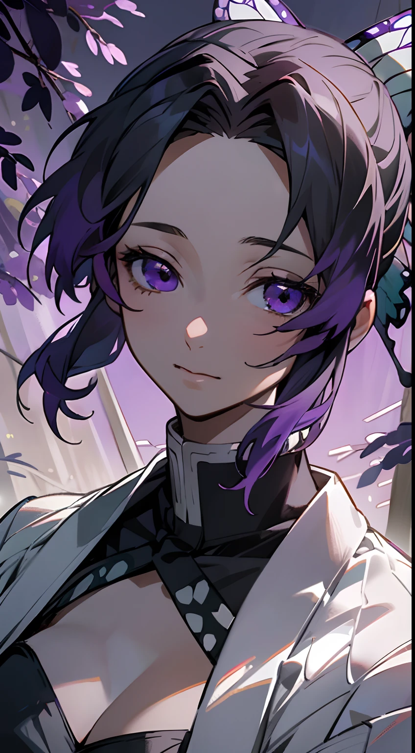 Ultra-realistic 8K CG，tmasterpiece，（（Ultra detailed backgrounds，delicate patterns，Complicated details）），Best quality at best，very vey very detailed face，very detailed eyes and faces，Very detailed eyes，Kochou Shinobu，O cabelo multicolorido，No bangs，hair intakes，Purple eye，haori，butterflys，obi strip，（trpical garden：1.2），purple flower，mostly cloudy sky，rays of sunshine，Tyndall effect，Gradient_sky，the face，beautiful sky，Saber on the waist，captivating posture，（Large breasts:1.3)，（cleavage:1.3)，（Off-the-shoulder attire:1.6)