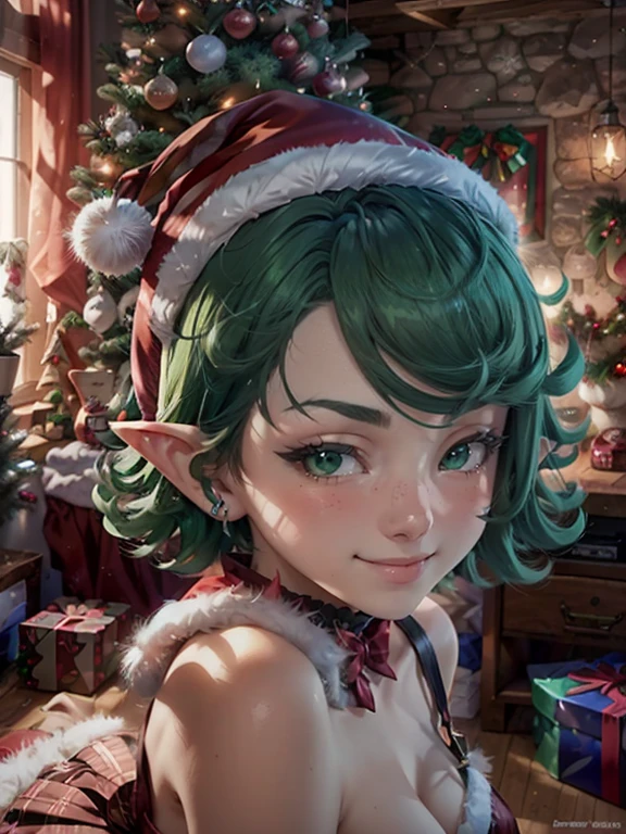 (master piece: 1.1), (tatsumaki), 1girl, mature female, emphasis on face, detailed face, detailed green eyes, (pointy ears), (blushing face), anime character, smiling, (elf costume), christmas clothes, wearing red hat on his head, dynamic green hair, short hair, bedroom, christmas room, christmas tree, blur_background