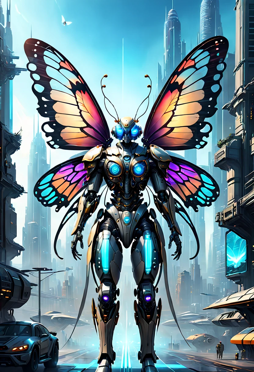 Translucent ethereal mechanical butterfly，Future King of Butterflies，Mechanical wings，futuristic urban background，Beautiful sci-fi art, Sci-fi digital art illustration, Digital Cyberpunk Art, science fiction digital painting, futuristic digital painting, futuristic concept art, in front of a sci fi cityscape, science fiction digital art, Advanced digital cyberpunk art, Magical cyberpunk butterfly