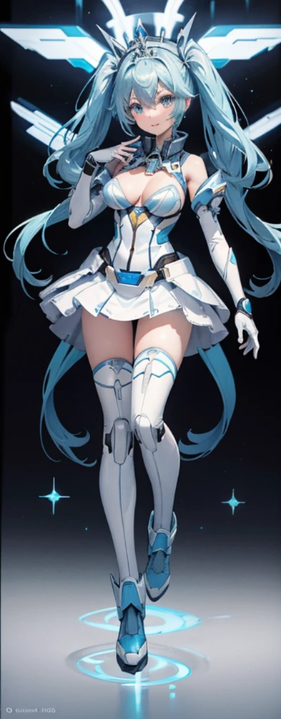 （fully body photo：1.4），white backgrounid，（1 Mech girl，Flash fluorescence，Hats，mechs，Delicate tiara，ssmile），（paper art，Quilted paper art，geometry），（Lots of colors，Best quality at best，high detal，tmasterpiece，movie light effect，4K，lightand shade contrast），Colossal tits，blue  hair，pigtails，Blue knee-length boots，mecha girl