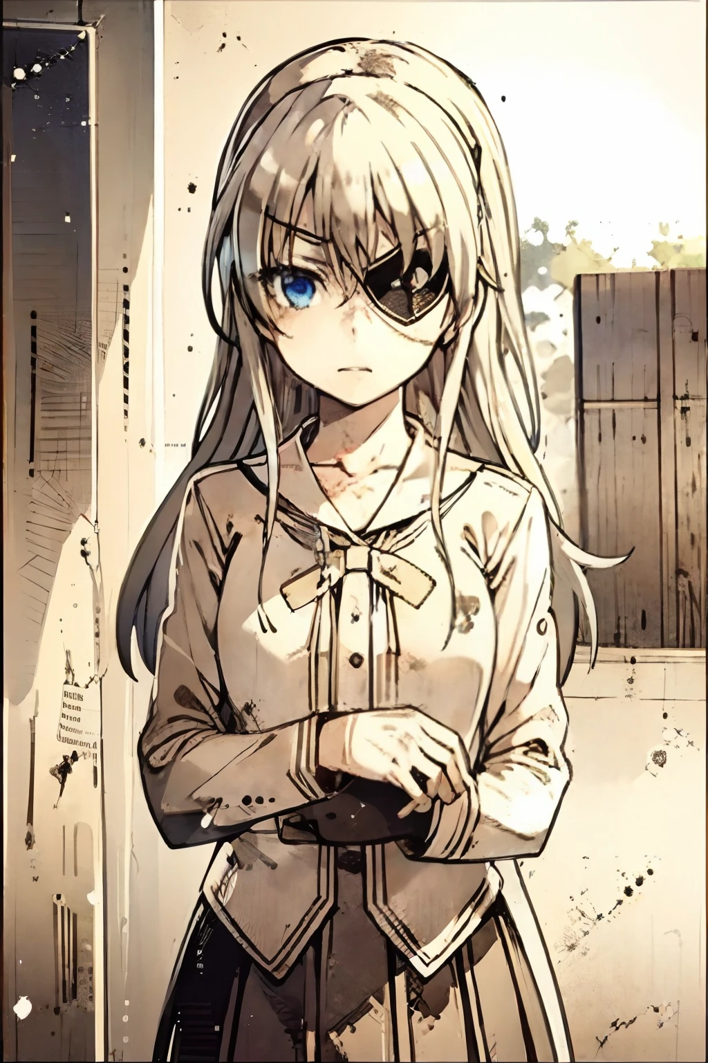 masterpiece, high quality, rifstyle3,1girl, portrait, Nao Tomori, white_hair, long_hair, bruises, dirt on hair, left-eyepatch