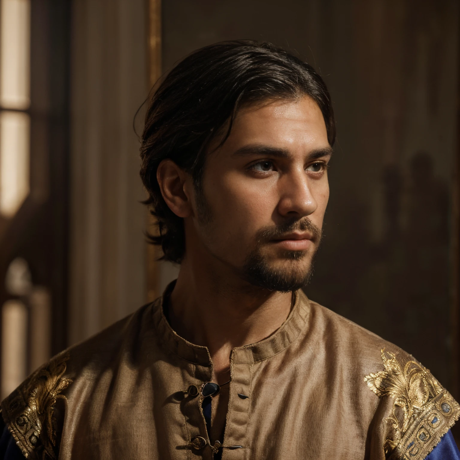 (masterpiece, best quality, ultra-detailed, best shadow), (detailed background, portrait, side view, medieval portrait, oil painting style, oil painting, looking at viewer, renaissance painting, expressionless), (handsome detailed face, masculine features, mature face, strong jawline), (best illumination), ((cinematic light)), colorful, hyper detail, dramatic light, intricate details, (man named ignacio, tan-skinned male, beard, brown eyes, short black hair, crown, royal, prince)