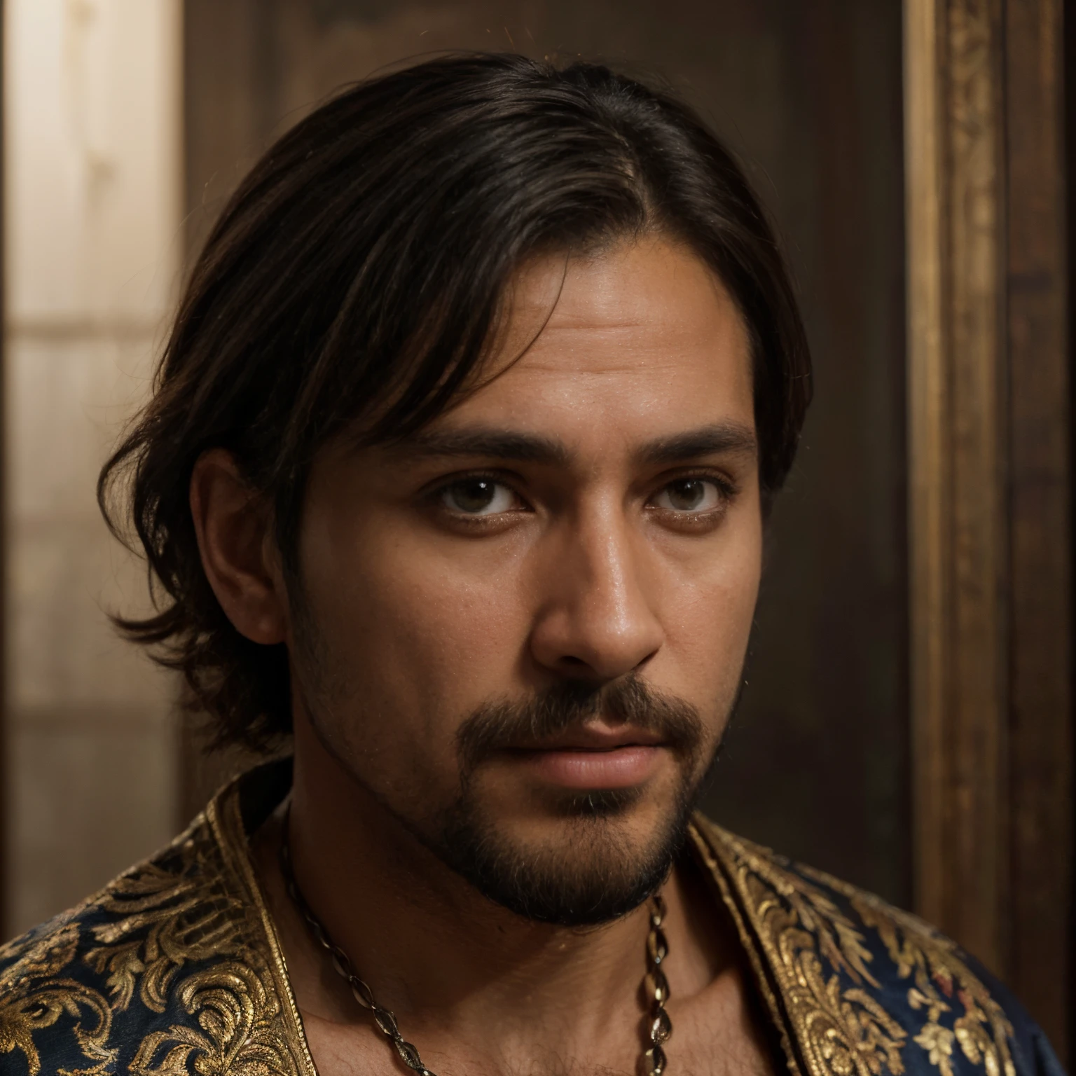 (masterpiece, best quality, ultra-detailed, best shadow), (detailed background, portrait, side view, medieval portrait, oil painting style, oil painting, looking at viewer, renaissance painting, expressionless), (handsome detailed face, masculine features, mature face, strong jawline), (best illumination), ((cinematic light)), colorful, hyper detail, dramatic light, intricate details, (man named ignacio, tan-skinned male, beard, brown eyes, short black hair, crown, royal, prince)