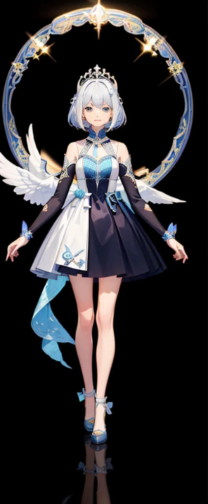 (Full body photo:1.4),white backgrounid,(1 Angel Girl,Shining with silver light,diadems,Delicate headgear,ssmile),(paper art,Quilted paper art,geometry),(Many colors,Best quality,high detal,tmasterpiece,movie light effect,4K,lightand shade contrast)Sheer tulle dress,Blue socks,hair straight