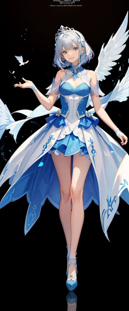 （Full body photo：1.4），white backgrounid，（1 Angel Girl，Shining with silver light，diadems，Delicate headgear，ssmile），（paper art，Quilted paper art，geometry），（Many colors，Best quality，high detal，tmasterpiece，movie light effect，4K，lightand shade contrast）Sheer tulle dress，Blue socks，hair straight