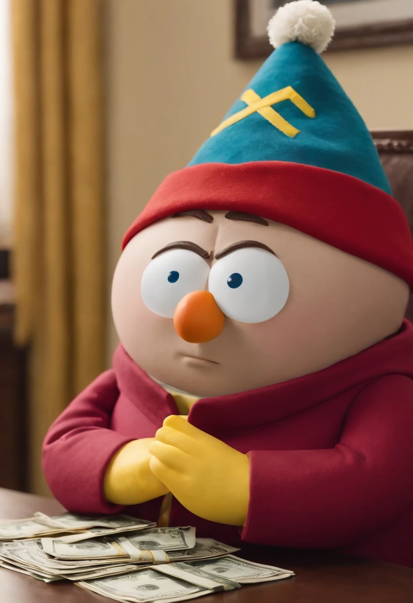 A picture of Cartman sitting at a desk in a fancy office, wearing a suit and holding a stack of cash, cartman, southpark,South Park,Eric Cartman, a character from the animated TV series “South Park,” is easily recognizable with his round, chubby figure, often clad in a red jacket, yellow mittens, and a blue hat with a yellow pompom. His small, beady eyes and often smug expression reflect his mischievous and sometimes malevolent personality.