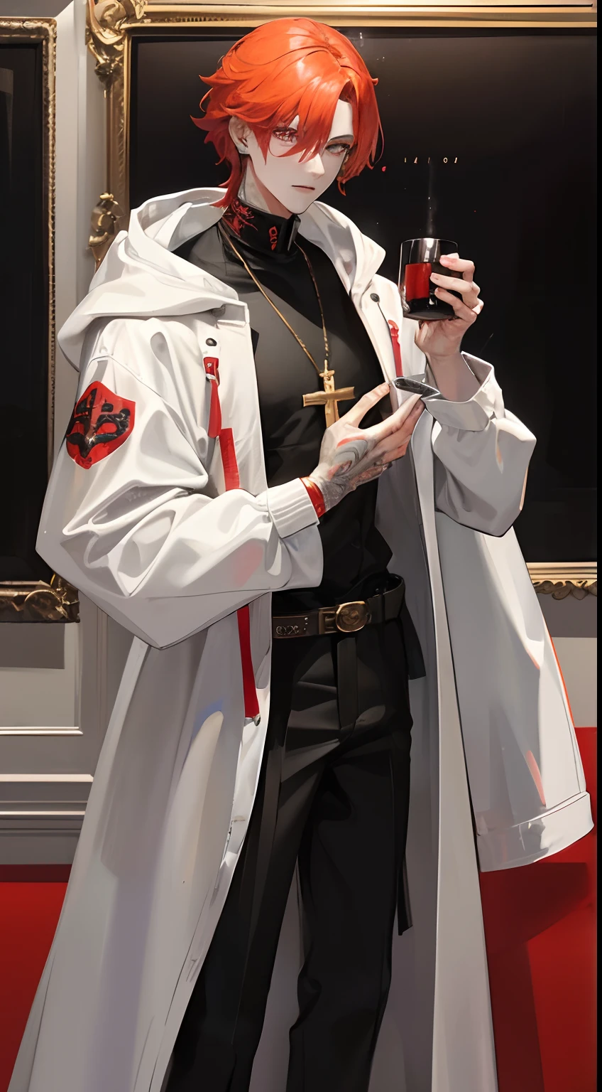 Man wearing white hooded jacket，Red eyes，golden hair，black tattoo on face，Tall and tall，Holding a holy grail in hand，vertical painting art，Has a certain handsome pose