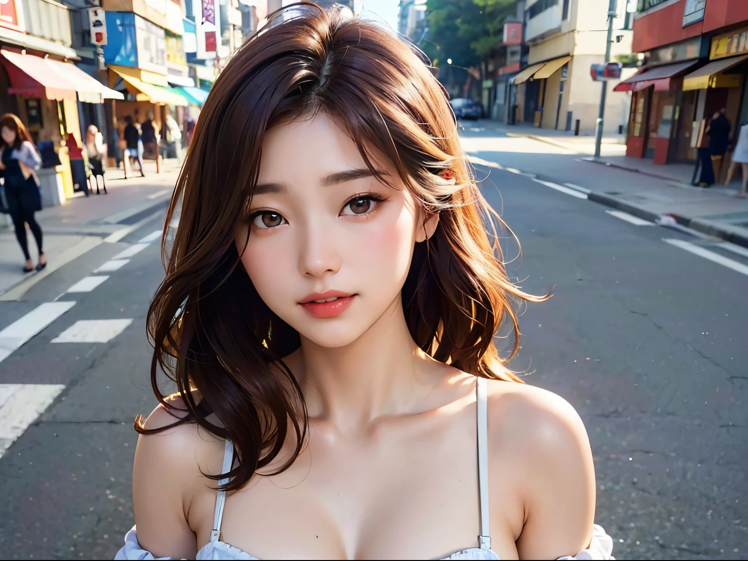 Petite woman with brown hair, 22 years old、Standing whole body、Streets of Tokyo、off shoulder blouse、goddes、bloom、lensflare、Smile here(8K、raw、proffesional、top-quality、masterpiece:1.2)、(realisitic、Photorealsitic:1.37)、ultra-detailliert、(25mm portrait front view)、(Highest Details Skins:1.2)、(Supreme Detail Face:1.2)、Cinematographic lighting、1womanl、japanes、long wavy brown hair、(Windy)、Walking on a street corner、Warm natural light、A smile on your cheek、shot from front、((top-quality、8K、masterpiece:1.3))、Beautiful woman with perfect figure:1.4、Slender Abs:1.3、((dark brown hair、Hair that flutters in the wind、beautiful boob:1.2))、Highly detailed facial and skin texture、A detailed eye、二重まぶた、(foco nítido:faces)、Beautiful and sexy、Staring at me)