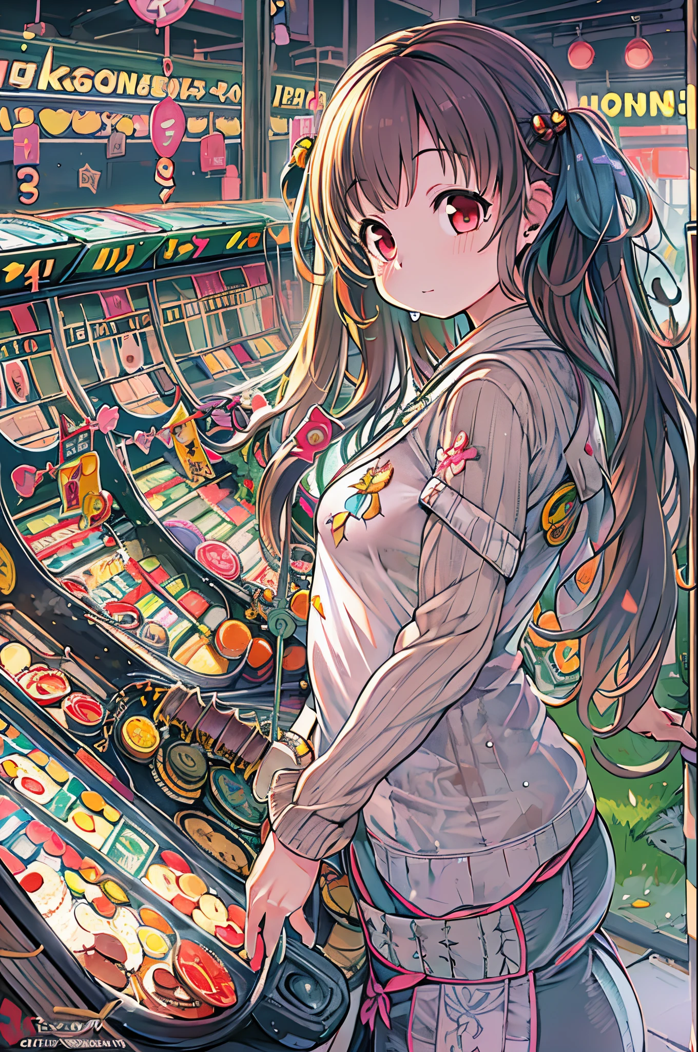 (Best Quality, masutepiece: 1.1), 1 girl, Upper body, Long hair, playing pachinko