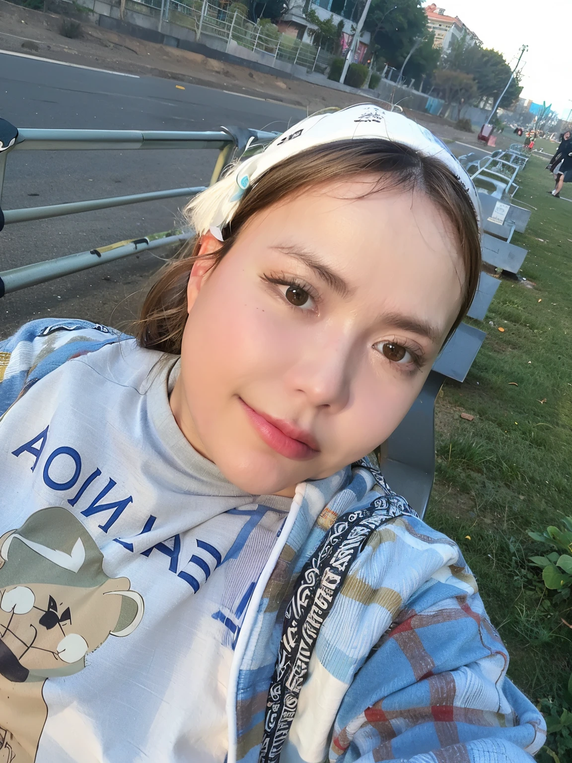 woman taking selfie on camera, 30 years old woman, 3 0 years old woman, ekaterina, around 1 9 years old, very very low quality picture, vacation photo, 8K)), park in background, Girl photo, anastasia ovchinnikova, moleksandra shchaslyva