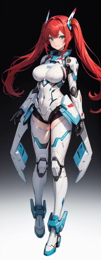 （Full body photo：1.4），white backgrounid，（1 Mech girl，Flash fluorescence，Hats，mechs，Delicate headgear，ssmile），（paper art，Quilted paper art，geometry），（Lots of colors，Best quality，high detal，tmasterpiece，movie light effect，4K，lightand shade contrast），Colossal tits，red hair，pigtails，Blue knee-length boots，mecha girl