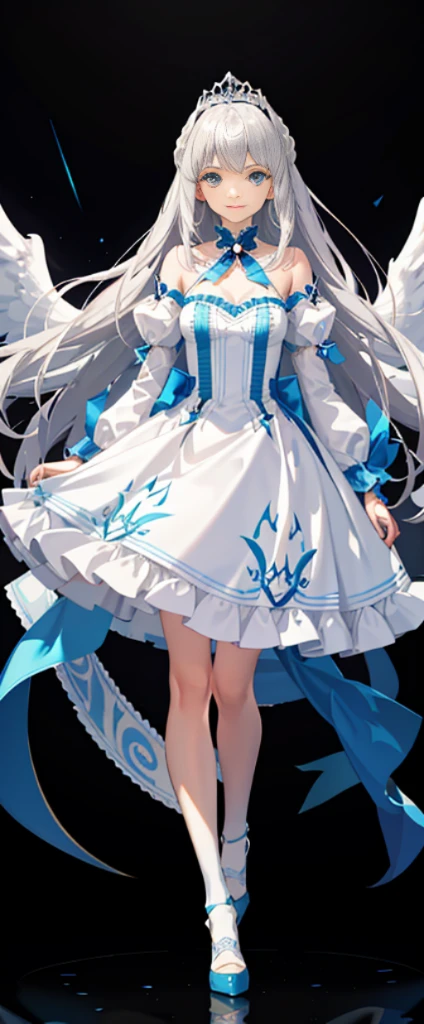 (fully body photo:1.4),white backgrounid,(1 Angel Girl,Shimmering silver,diadems,Delicate tiara,ssmile),(paper art,Quilted paper art,geometry),(Lots of colors,Best quality at best,high detal,tmasterpiece,movie light effect,4K,lightand shade contrast)Sheer tulle dress,Blue socks,hair straight,a pirate