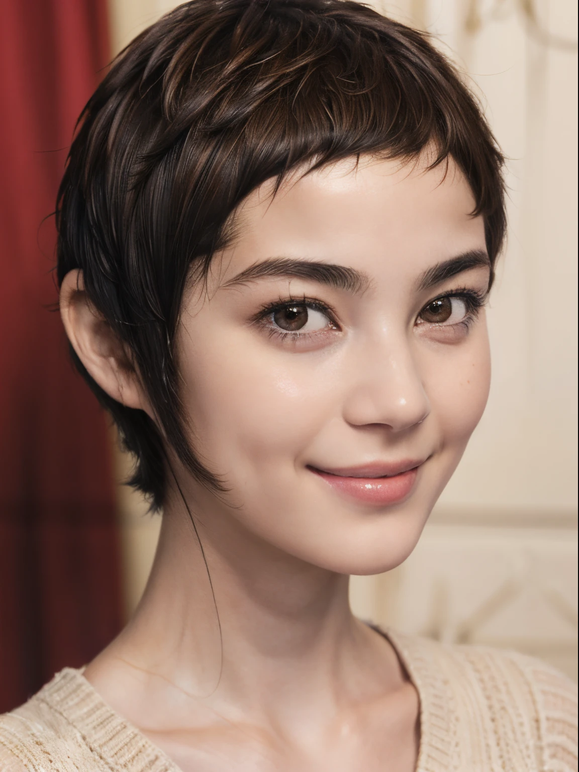 97
(a 20 yo woman,is standing), (A hyper-realistic), (high-level image quality), ((short-hair:1.46)), (Hair smooth), (Gentle smile), (Keep your mouth shut)