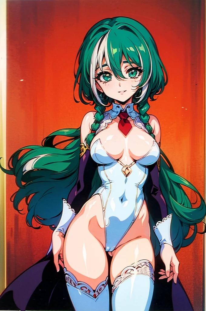 (masterpiece:1.1), best quality, NSFW,
1girl, (80s anime style:1.3), (eyelashes:1.5), (:1.1),
(intricate high detailed body:1.2),
green hair, (hair between eyes:1.1), (twin braids:1.1), (streaked hair:1.2),
green eyes, (lip stick:1.2),
slender body, large breasts,
(happy, smile:1.2),
neckwear, (white lace leotard with sleeves:1.1),
see-through clothes, jewelry,
(cowboy shot, looking at viewer, from front:1.1),
in royal palace,