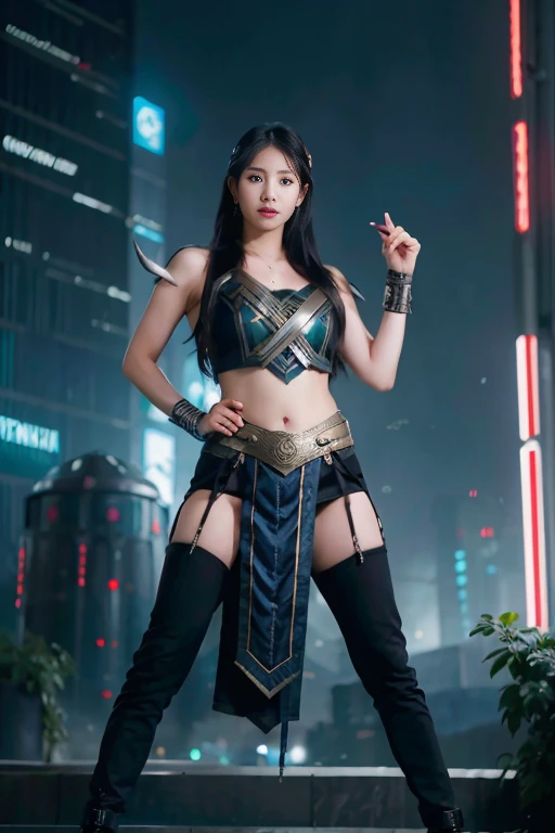 2 wanita cantik asia, mengenakan kostum Thor dan Odin,memakai senjata Thor dan Loki, berpose diatas gedung, dengan latar belakang asgard, pakaian cyberpunk. gambar realistic hd 4k